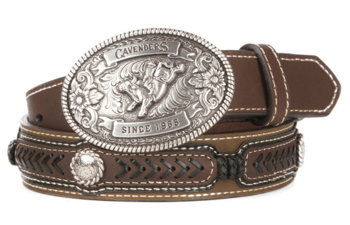 Cavender's Children's Brown with Lacing Conchos and Oval Bull Rider Buckle Western Belt - Image 1