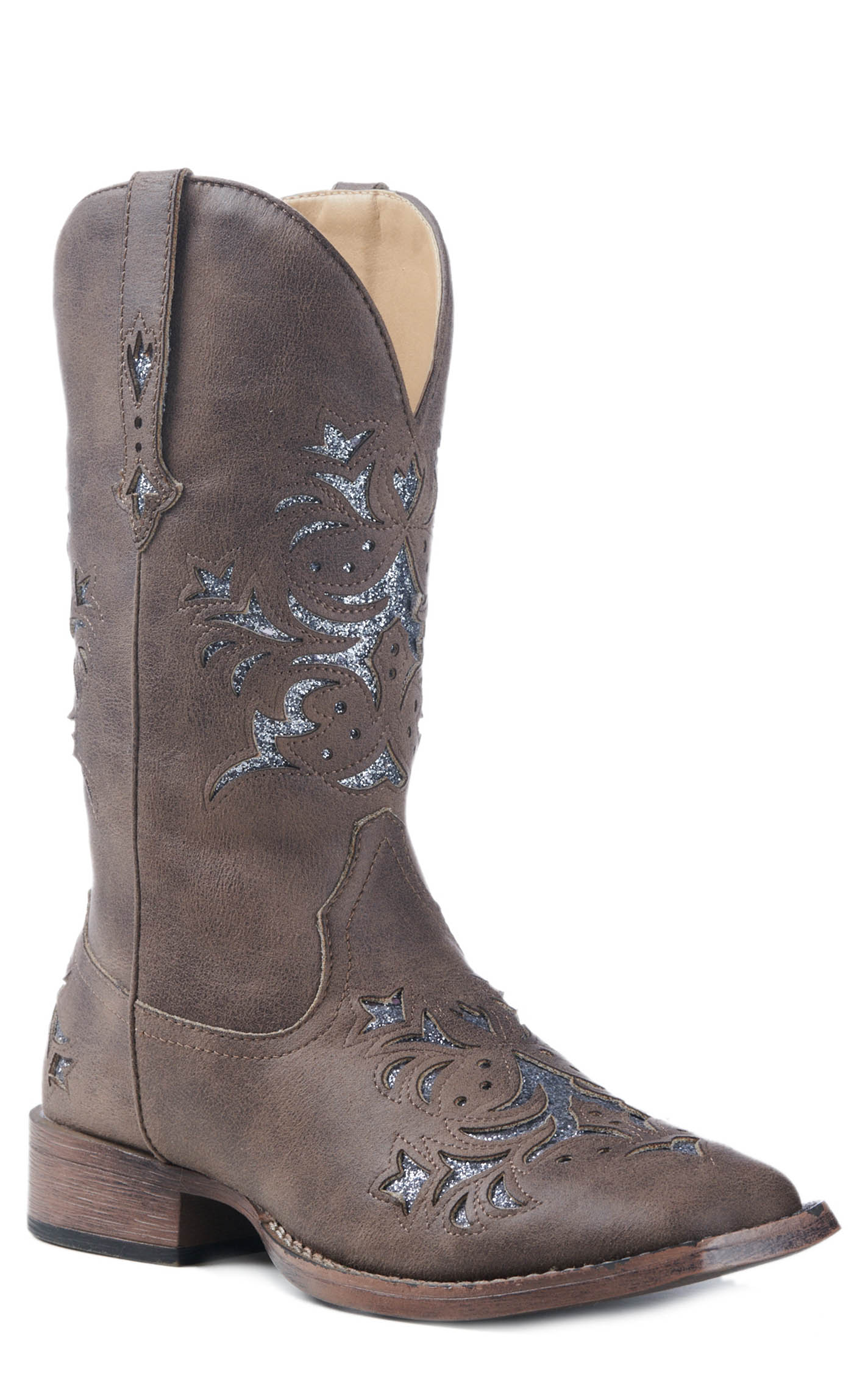 Roper Women's Brown Faux Leather with Metallic Silver Glitter Inlay Square Toe Cowboy Boot - Image 1