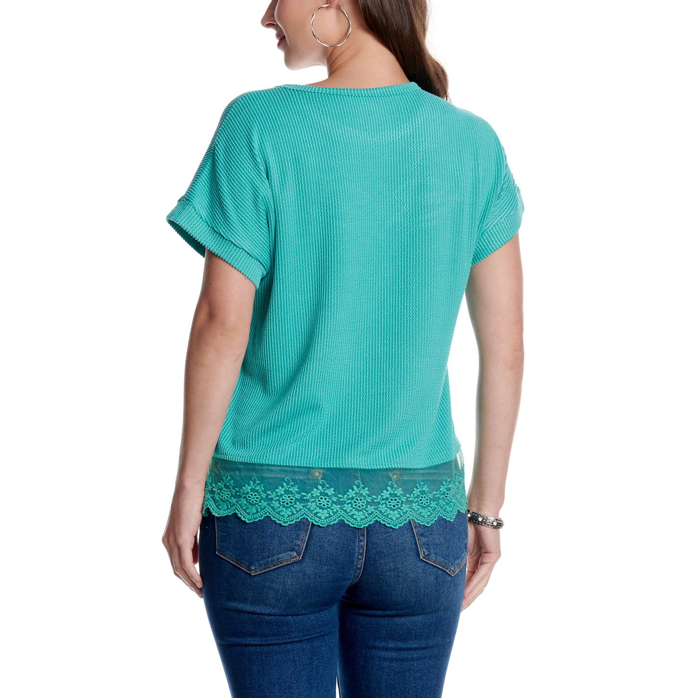 Rockin' C Women's Teal Lace Hem Knit Top - Image 1