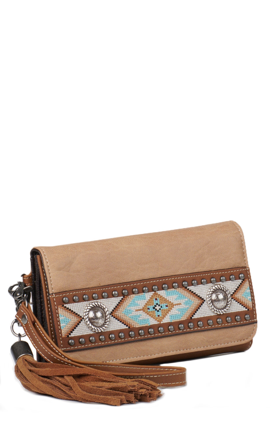 Nocona Carmen Tan with Southwest Stitching and Conchos Clutch Wallet - Image 1