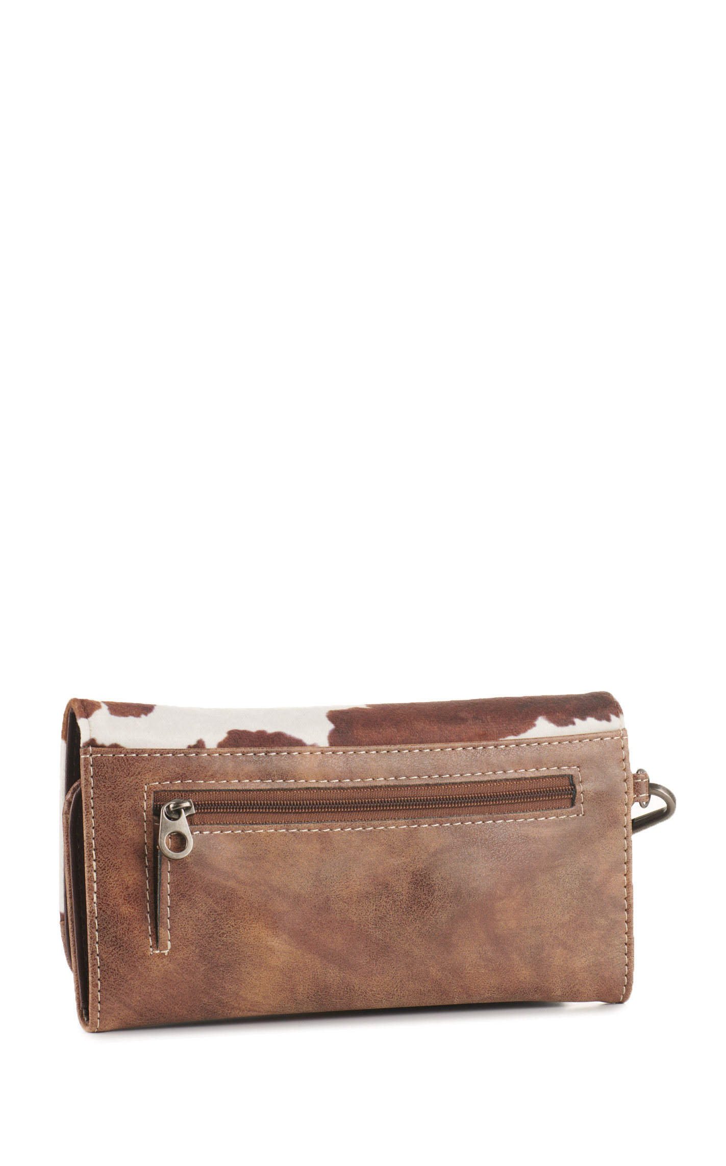 Nocona Women’s Tan & Soft Cow Print Leather with Braid and Concho Accent Wristlet Wallet - Image 1