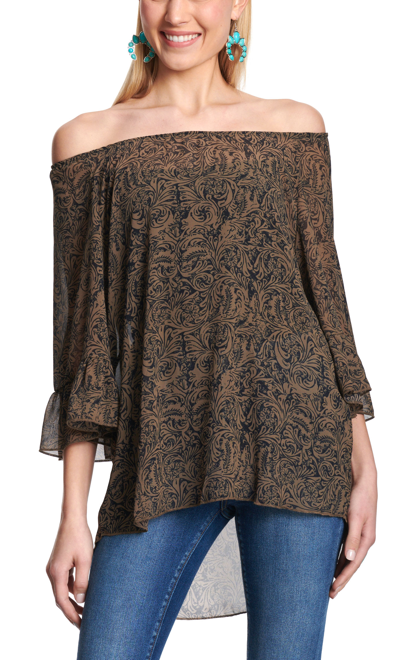 Cowgirl Hardware Women's Sepia Tooled Leather Print Chiffon Top - Plus Sizes - Image 1