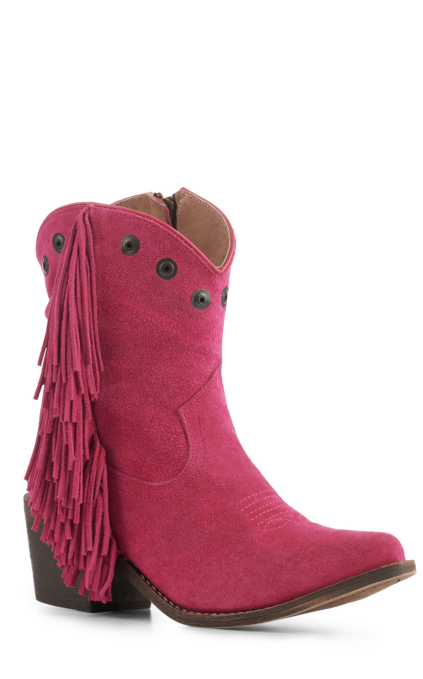 Circle G by Corral Women's Pink Suede with Fringe and Studs Pointed Toe Booties - Image 1