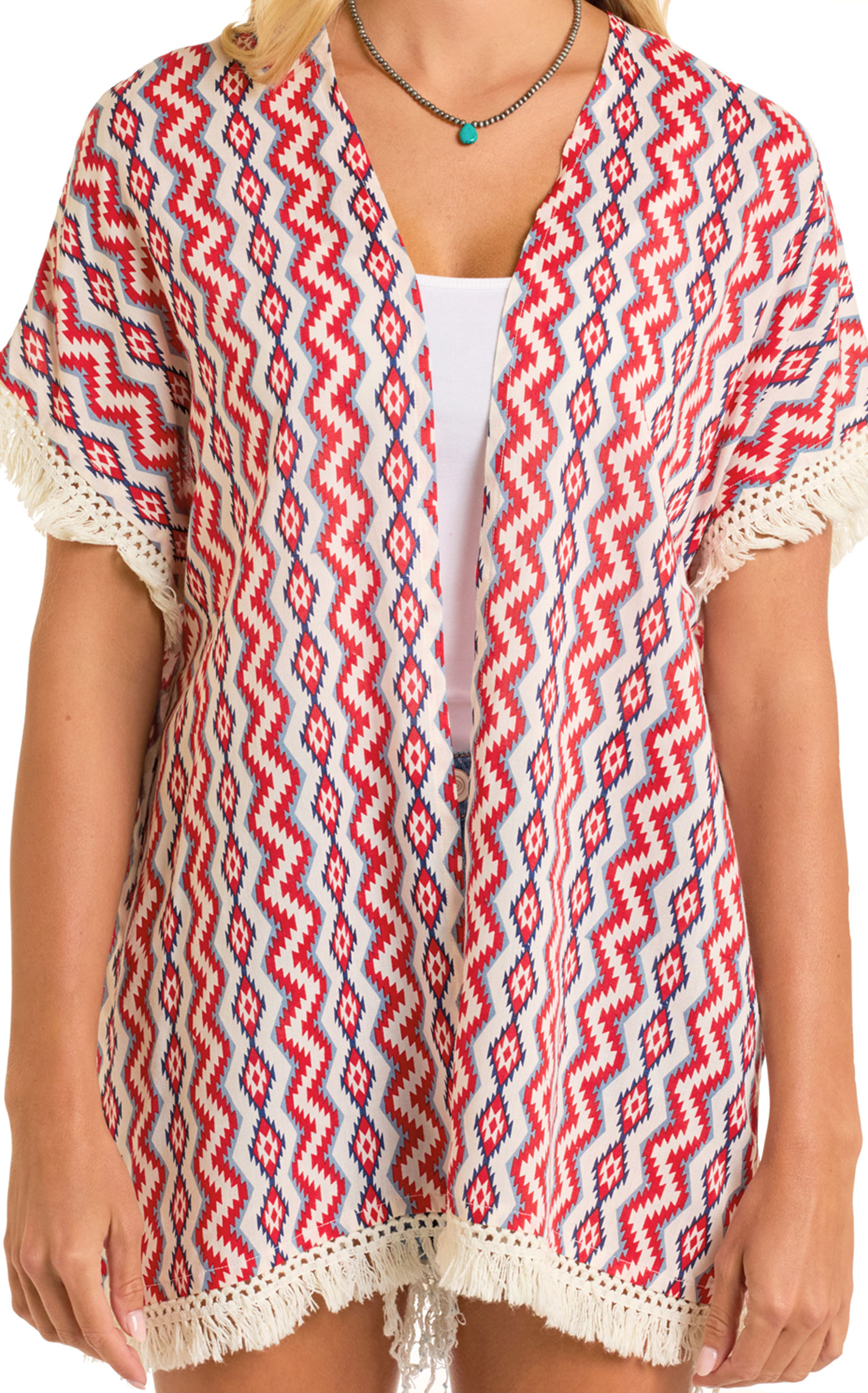 Rock & Roll Denim Women's Bright Red Aztec Fringe Kimono - Image 2