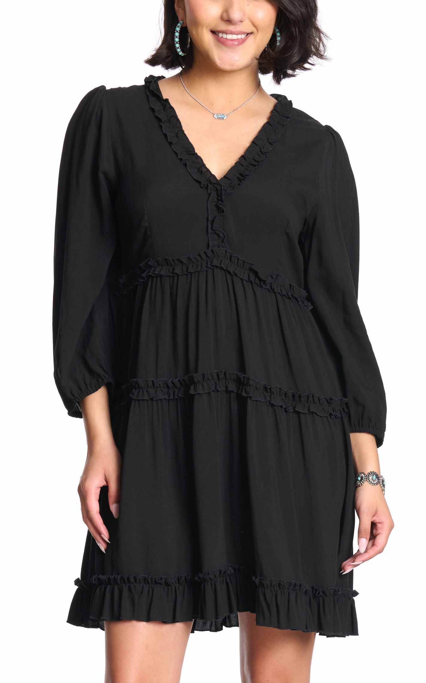 Rockin' C Women's Black Tiered with Ruffles Long Sleeve Dress - Image 1