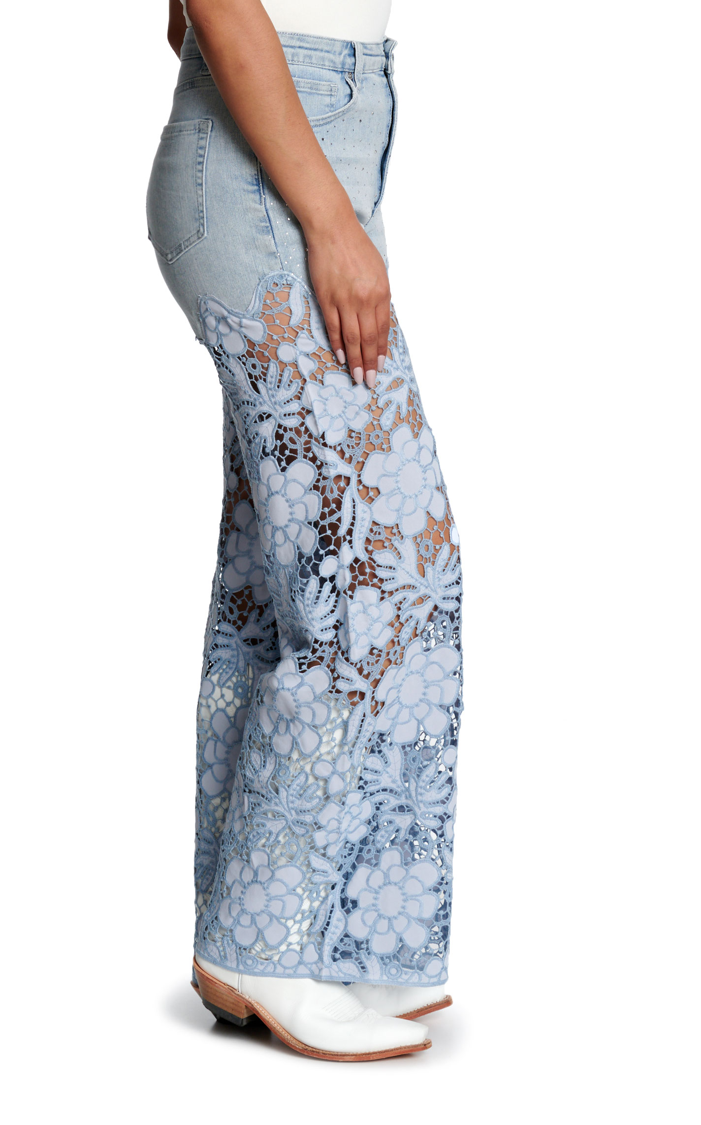 Bayeas Women's Light Wash Ultra High Rise Lace Wide Leg Jeans - Image 1