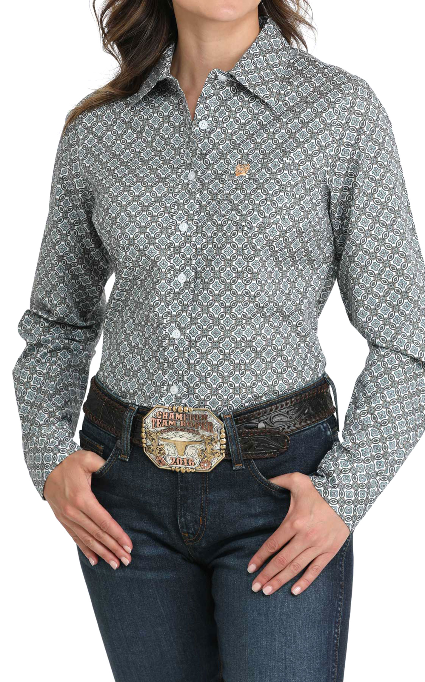 Cinch Women's Teal Geometric Print Western Shirt - Image 1