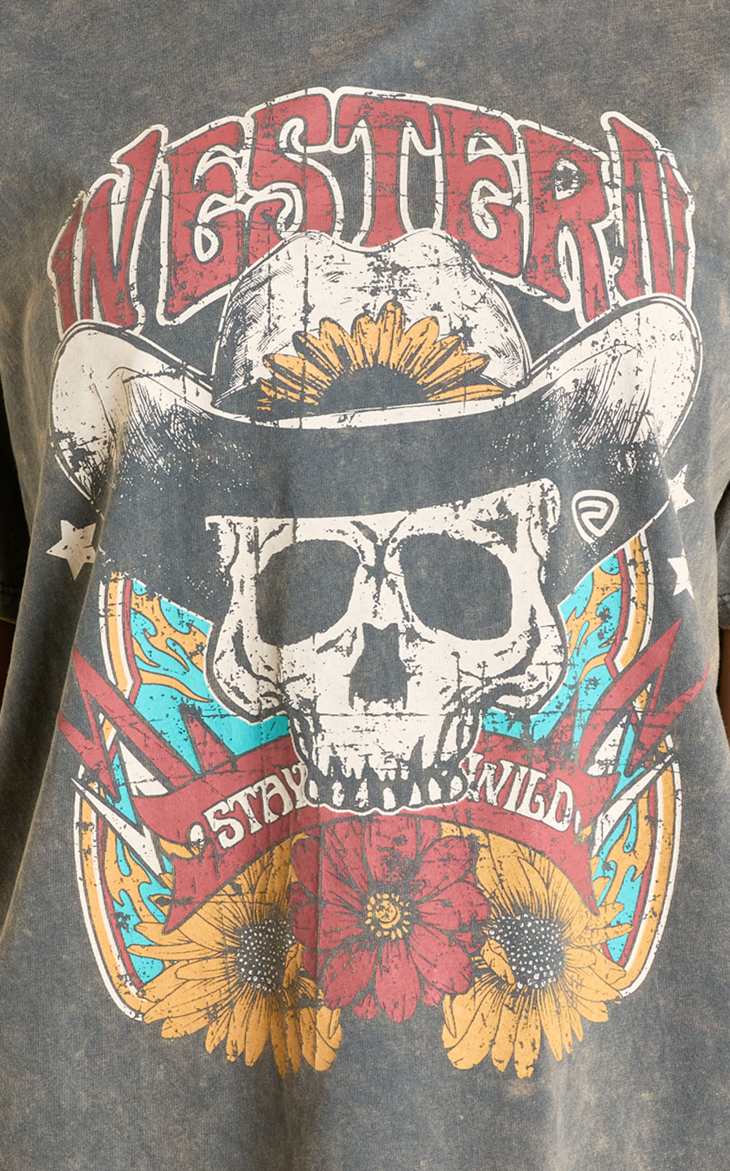 Rock & Roll Denim Women's Washed Denim Skull Print T-Shirt - Image 1