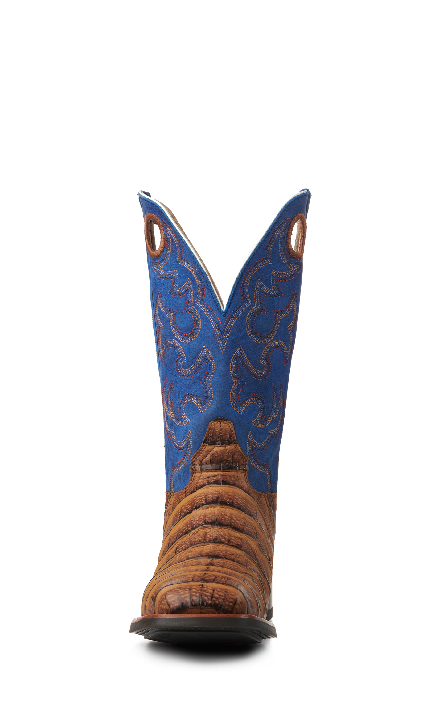 Cavender's Men's Intrepid Honey Giant Caiman Print and Blue Wide Square Toe Cowboy Boots - Image 1