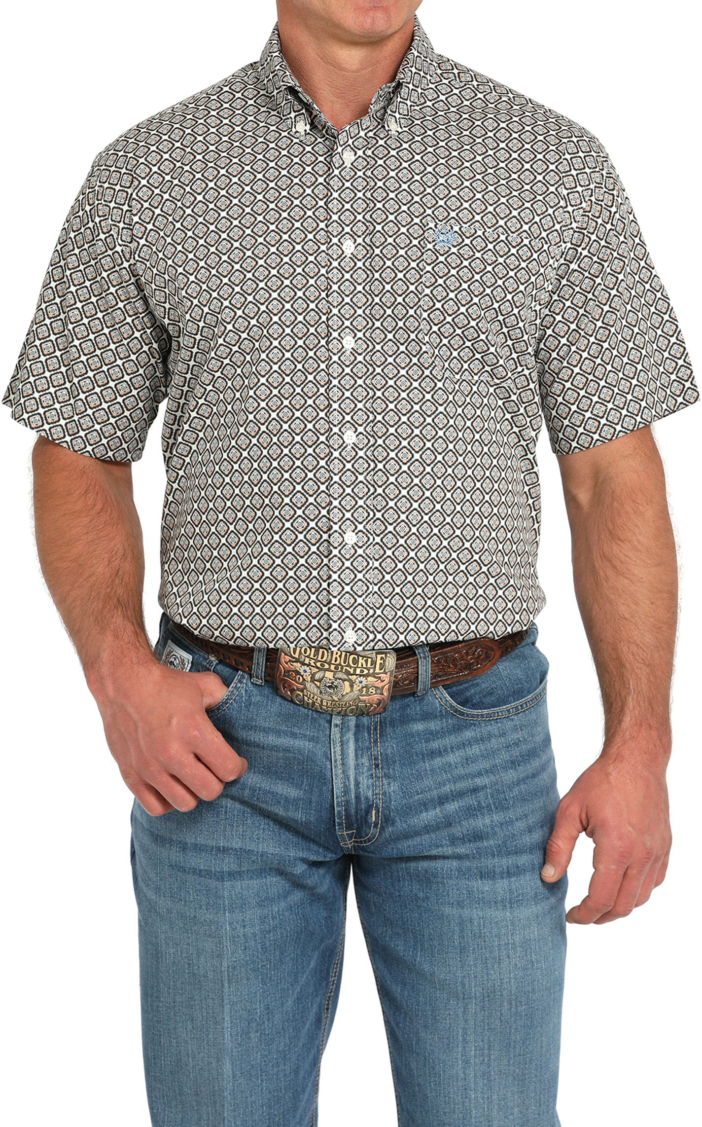 Cinch Men's Medium Cream Geo Print Button Down Shirt - Image 1