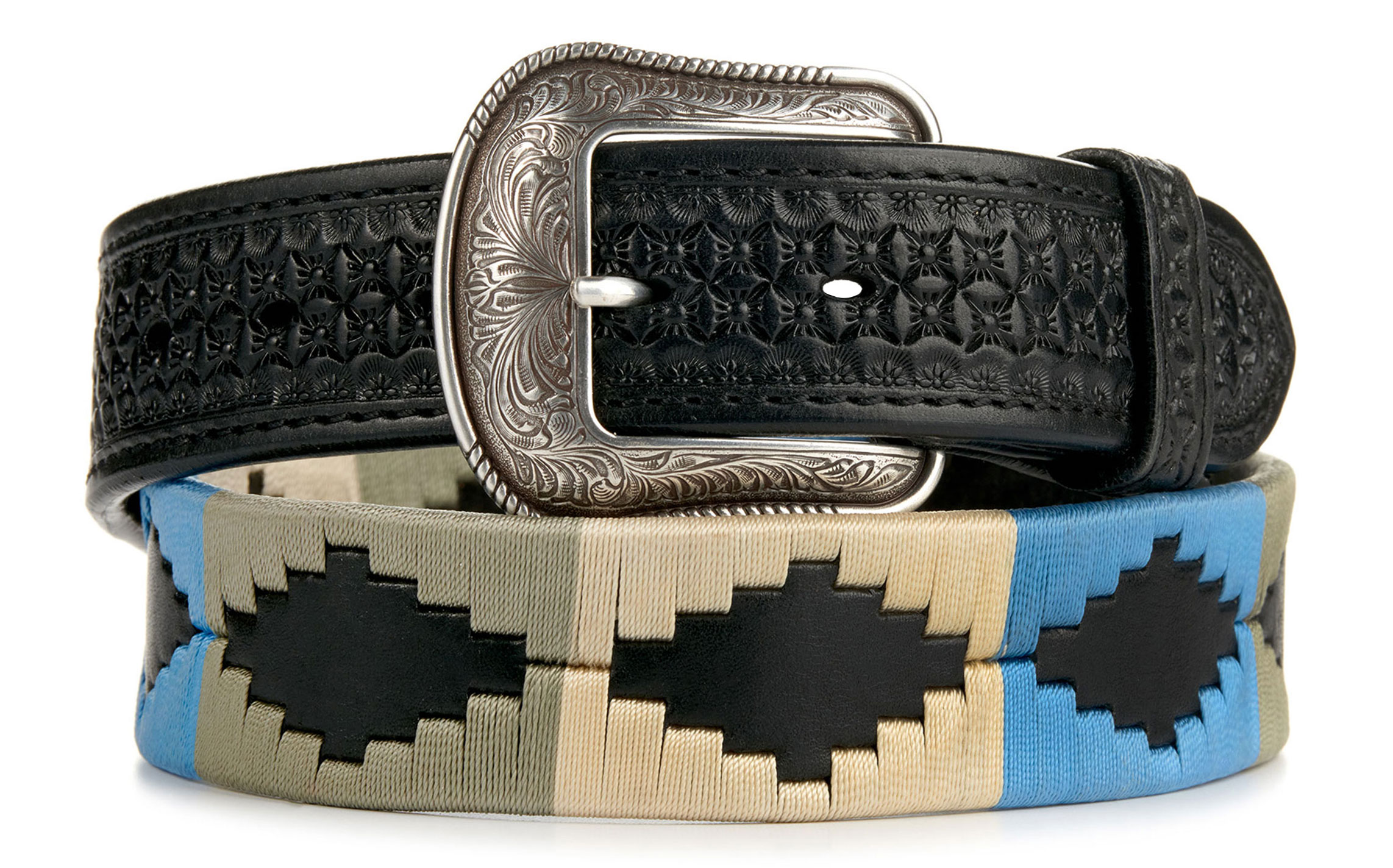 Rafter C Men’s Chocolate Leather Embroidered Cornflower Blue & Gray Aztec Print Western Belt - Image 1