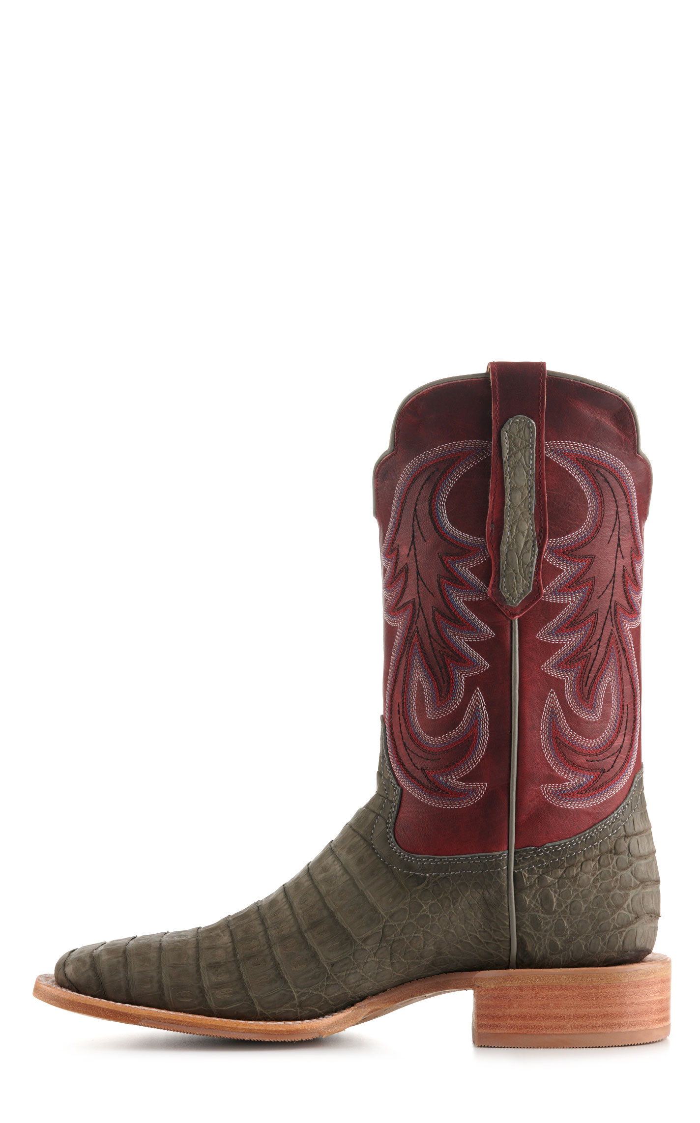 R. Watson Men's Rose Red and Charcoal Sueded Caiman Hybrid Wide Square Toe Exotic Cowboy Boots - Image 1
