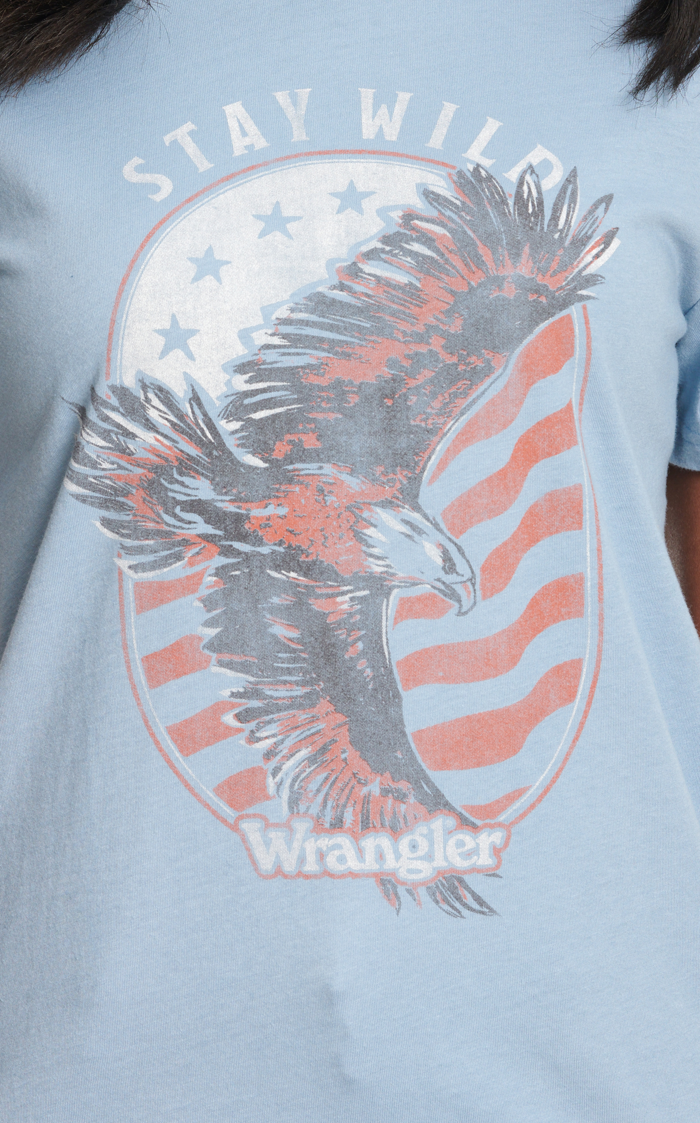 Wrangler Women's Stone Blue & Stay Wild Eagle Logo Graphic T-Shirt - Image 1