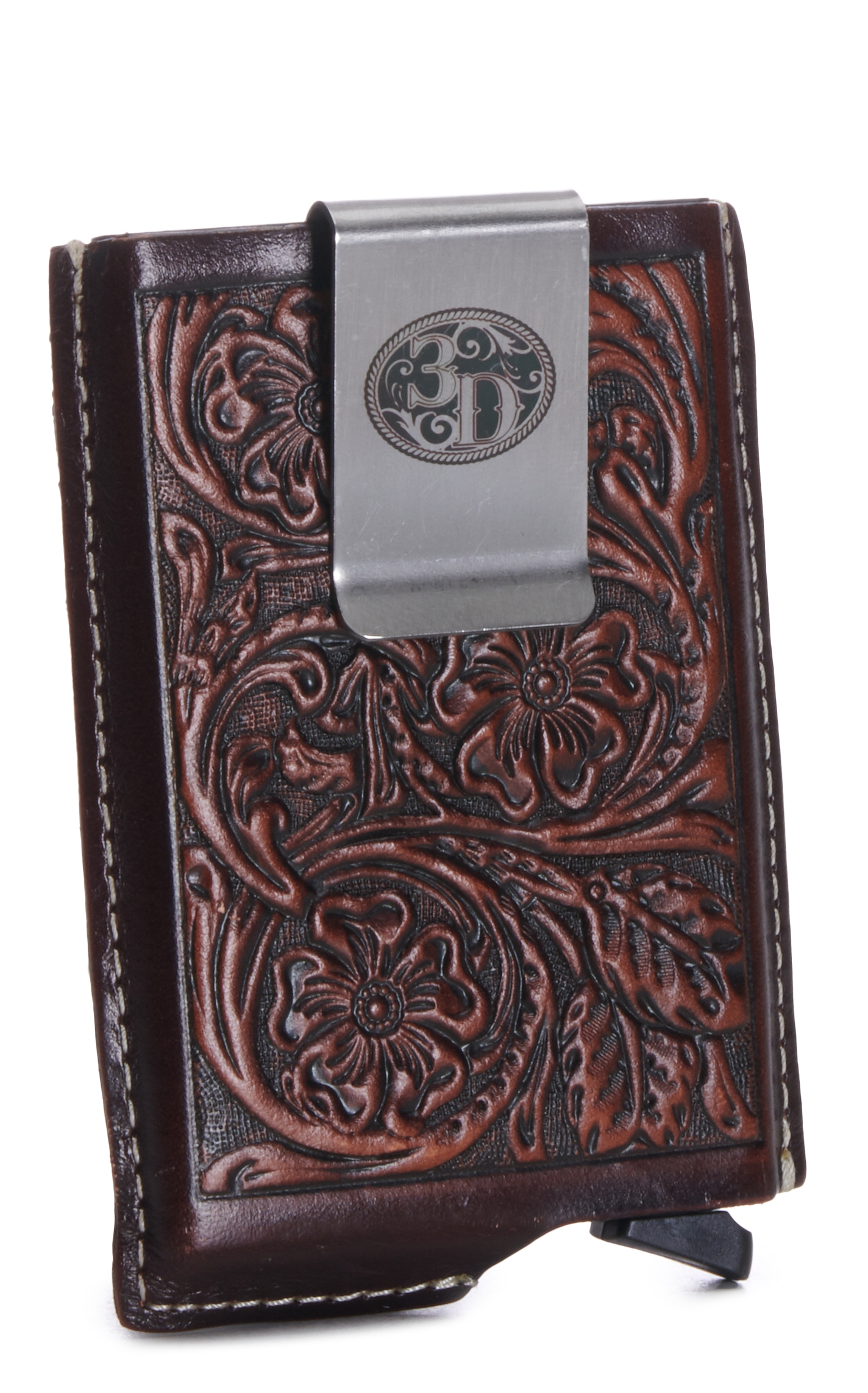 3D Men's Brown Tooled Leather with Aluminum Alloy Body and Money Clip Card Holder - Image 1