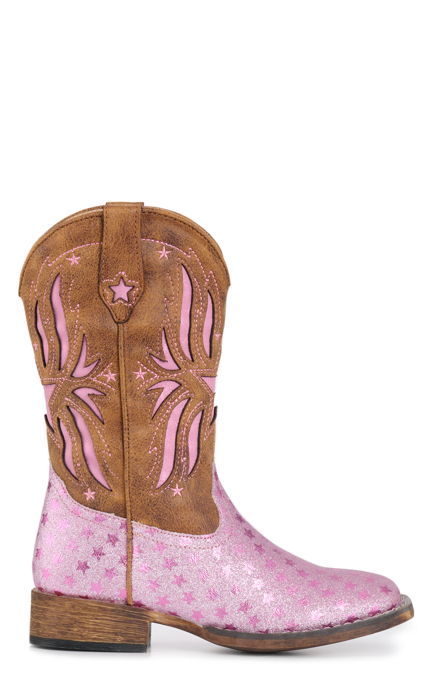 Roper Girls' Pink Glitter and Brown Starlet Leather Tall Square Toe Cowboy Boots - Image 1