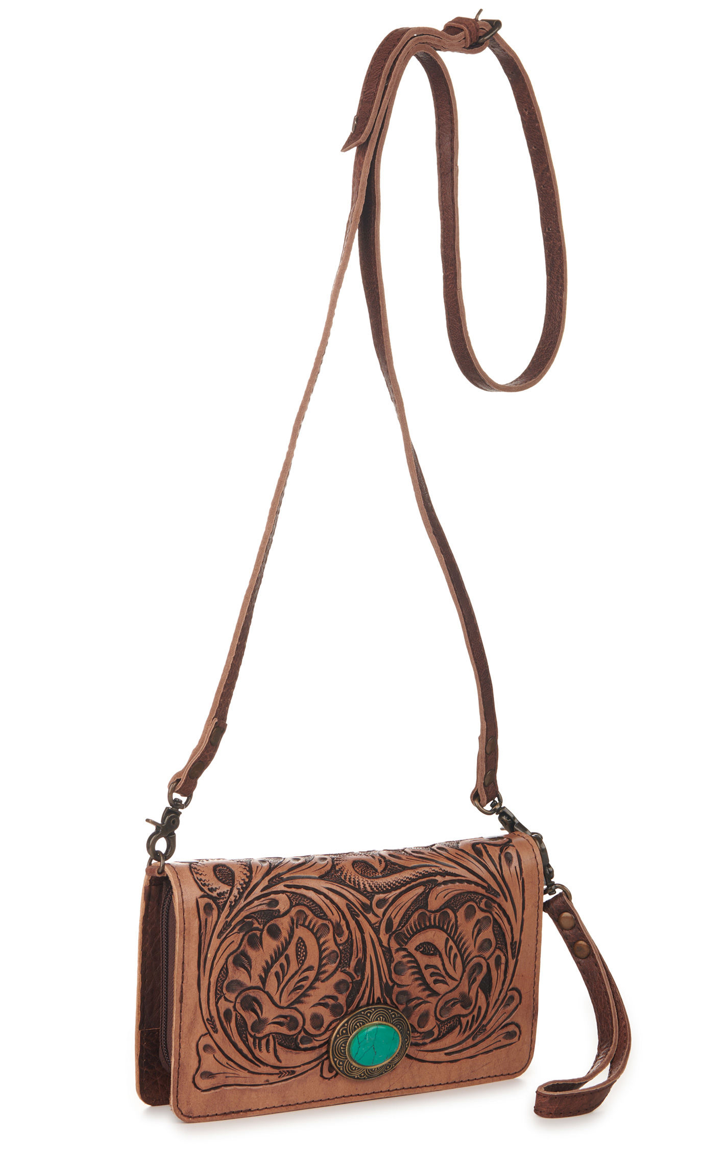 American Darling Brown Tooled with Turquoise Stone Wallet / Crossbody Purse - Image 1
