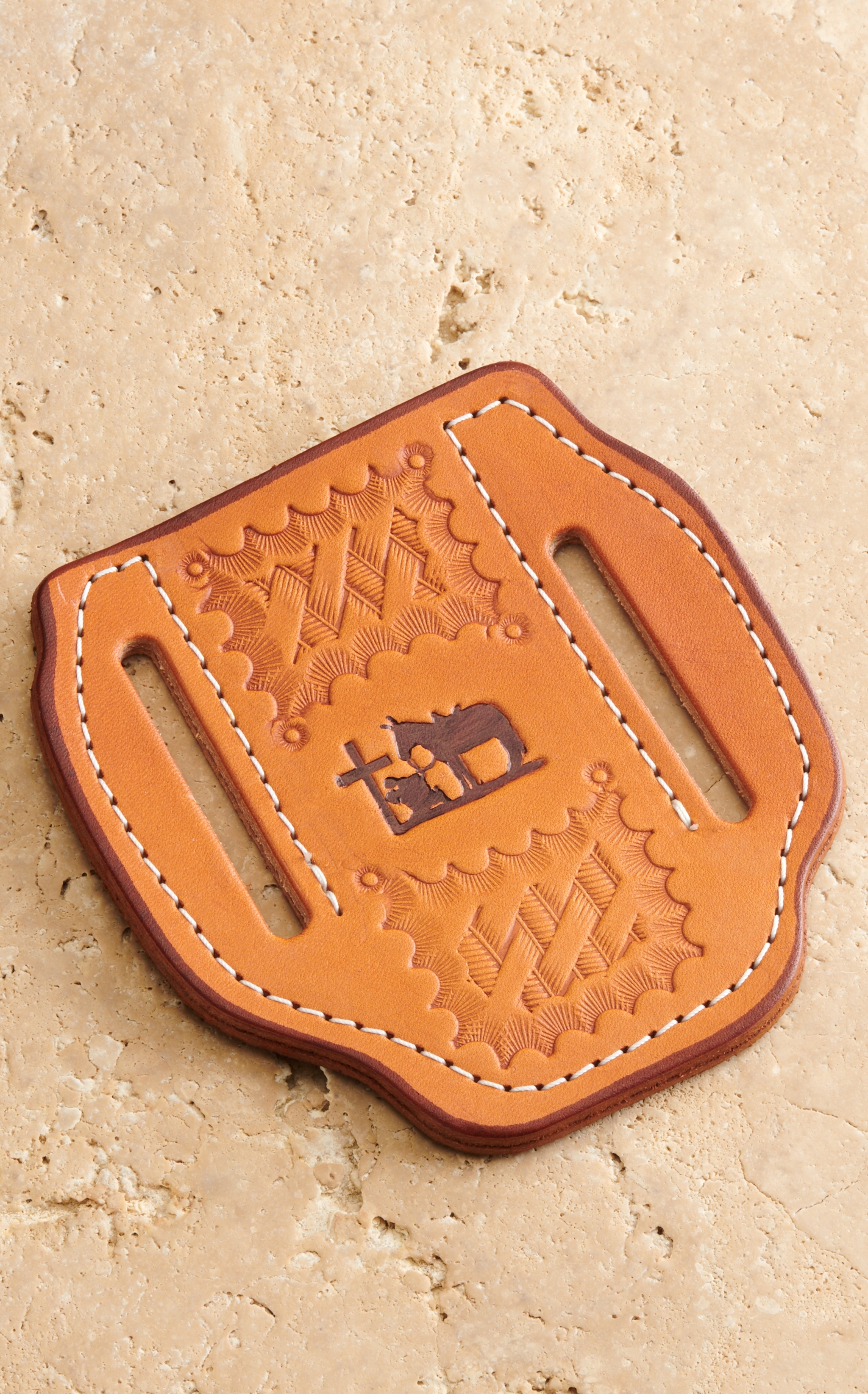 Slade Saddle Shop Basket and Praying Cowboy Stamped Saddle Tan Leather Large Pancake Knife Sheath - Image 1