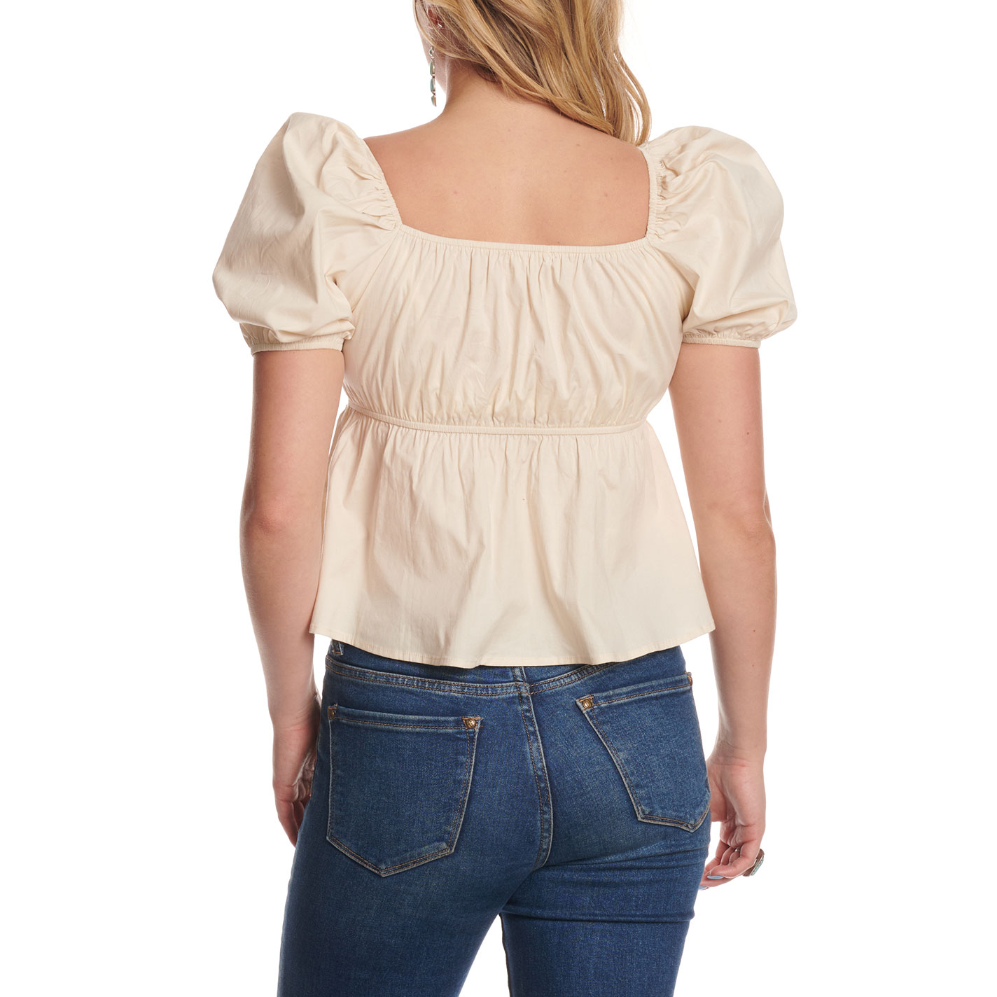Pretty Follies Solid Cream V-Neck Puff Sleeve Bow Top - Image 2