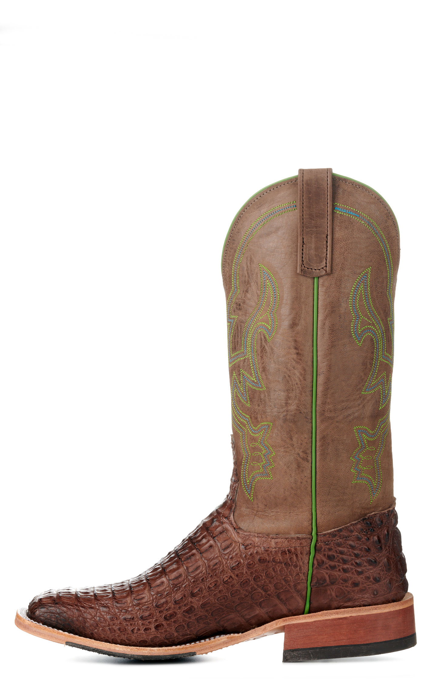 Anderson Bean Men's Chocolate Lux Hornback Caiman and Chocolate Wide Square Toe Exotic Cowboy Boots - Image 1