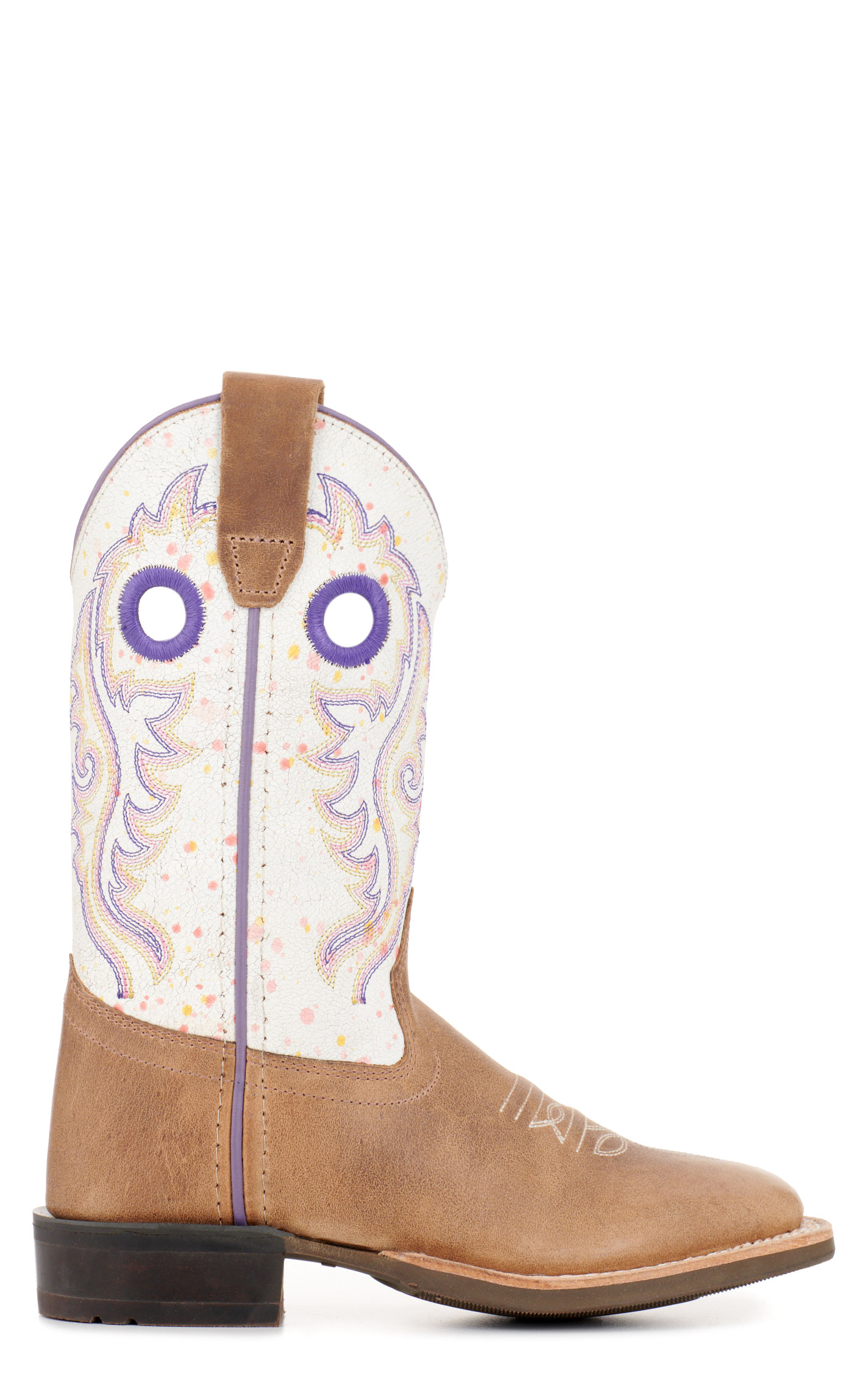 Old West Youth Light Brown and Rainbow Crackle Wide Square Toe Cowboy Boots - Image 1