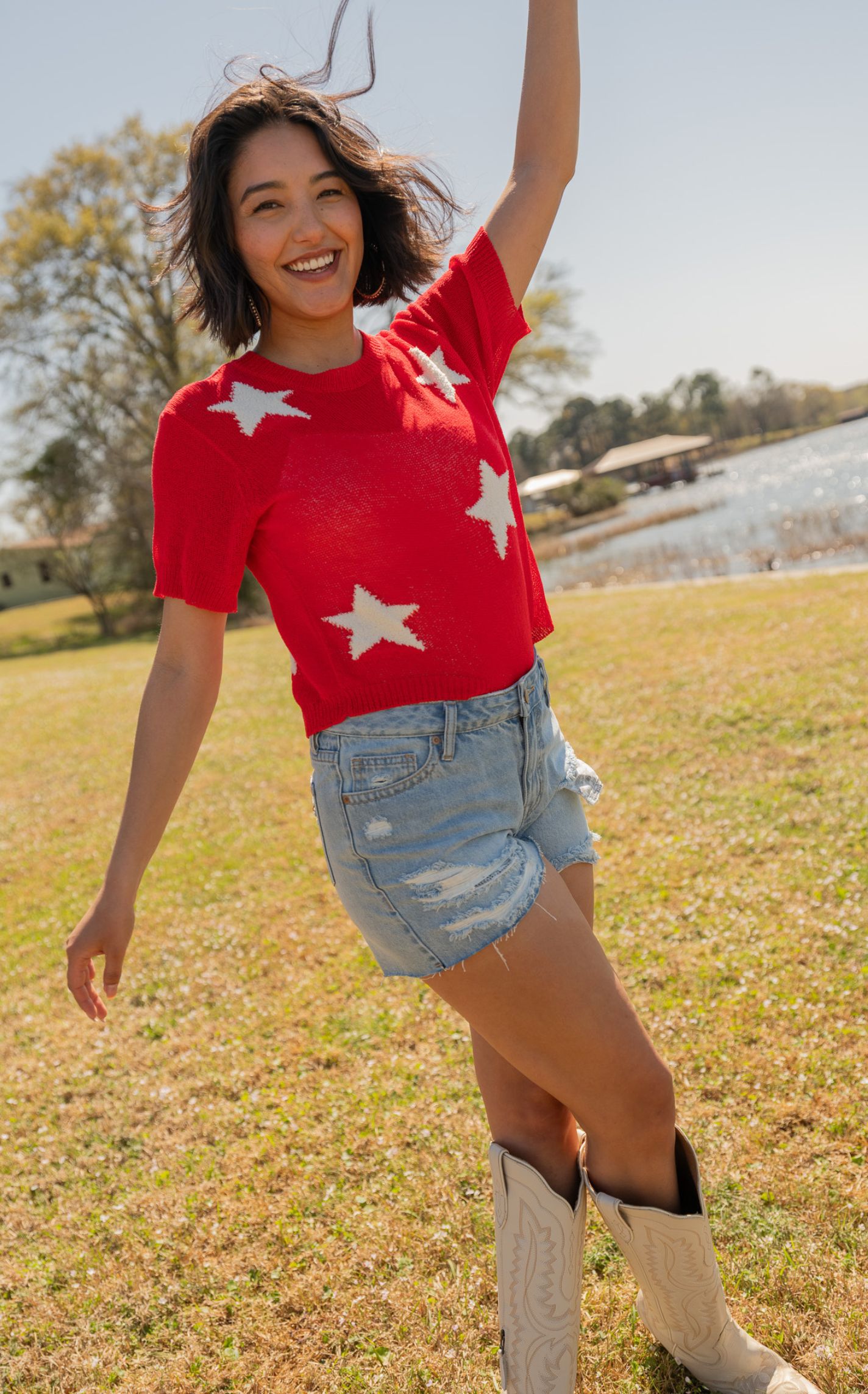 Rock & Roll Denim Women's Red White Star Short Sleeve Sweater - Image 1