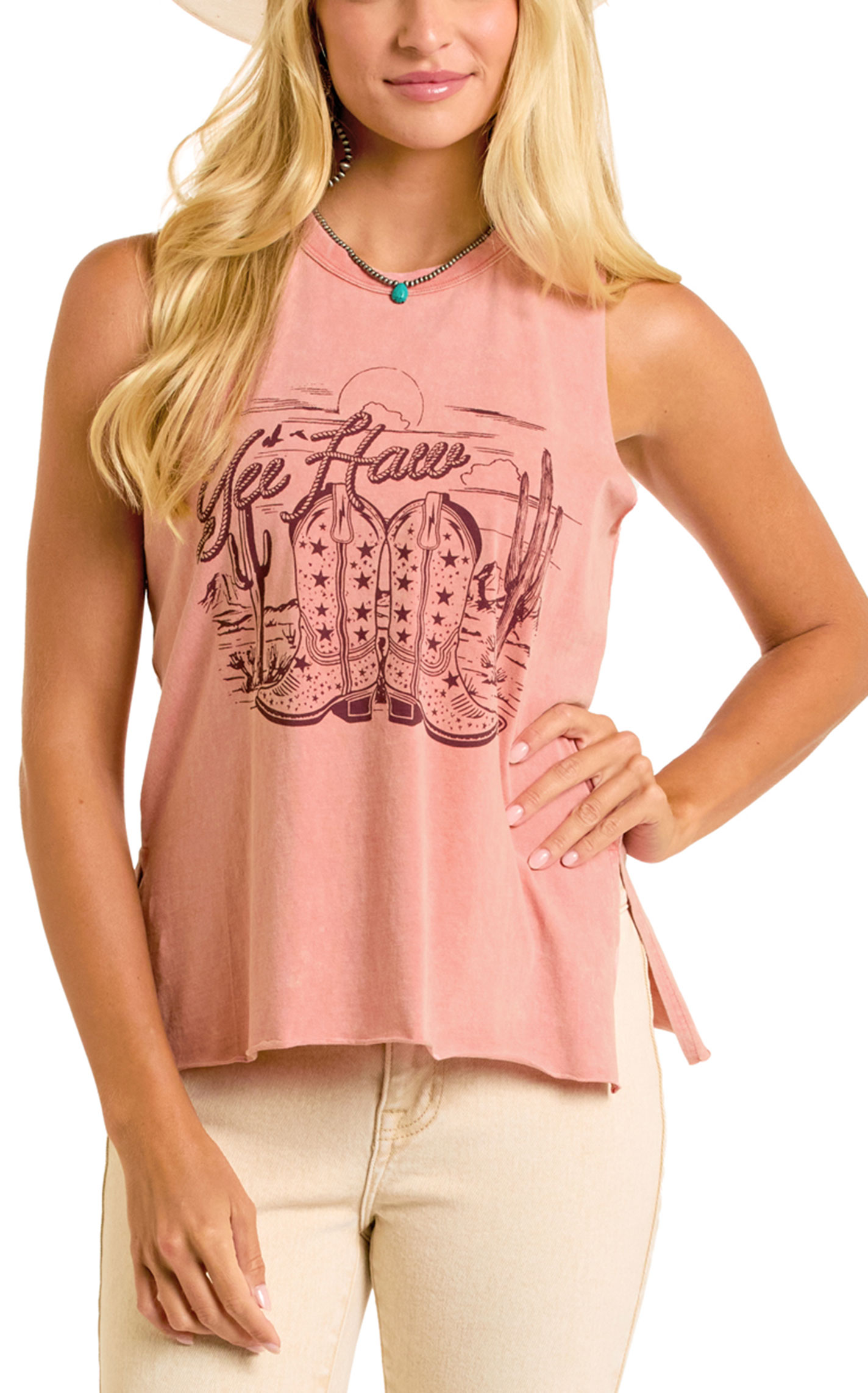 Rock & Roll Denim Women's Pink Yeehaw Boot Print Tank Top - Image 1
