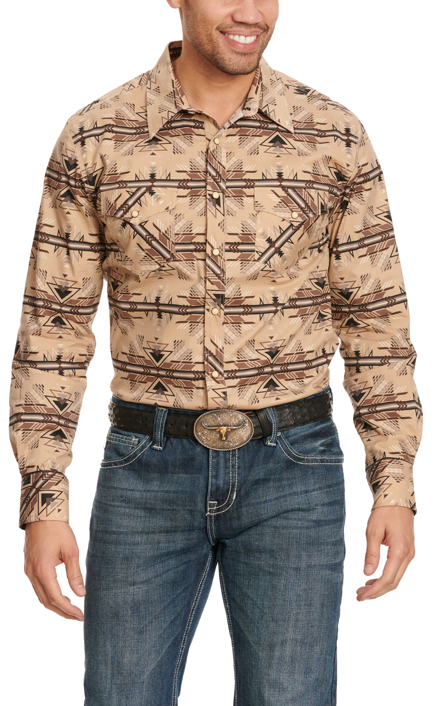 Rock & Roll Denim Men's Shades of Coffee Aztec Stripe Western Shirt - Image 1