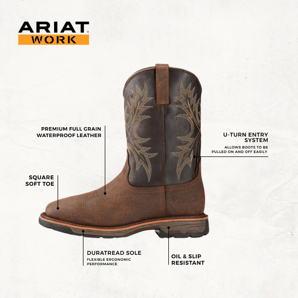 Ariat Men's WorkHog Bruin Brown and Coffee Waterproof Square Toe Work Boots - Image 1