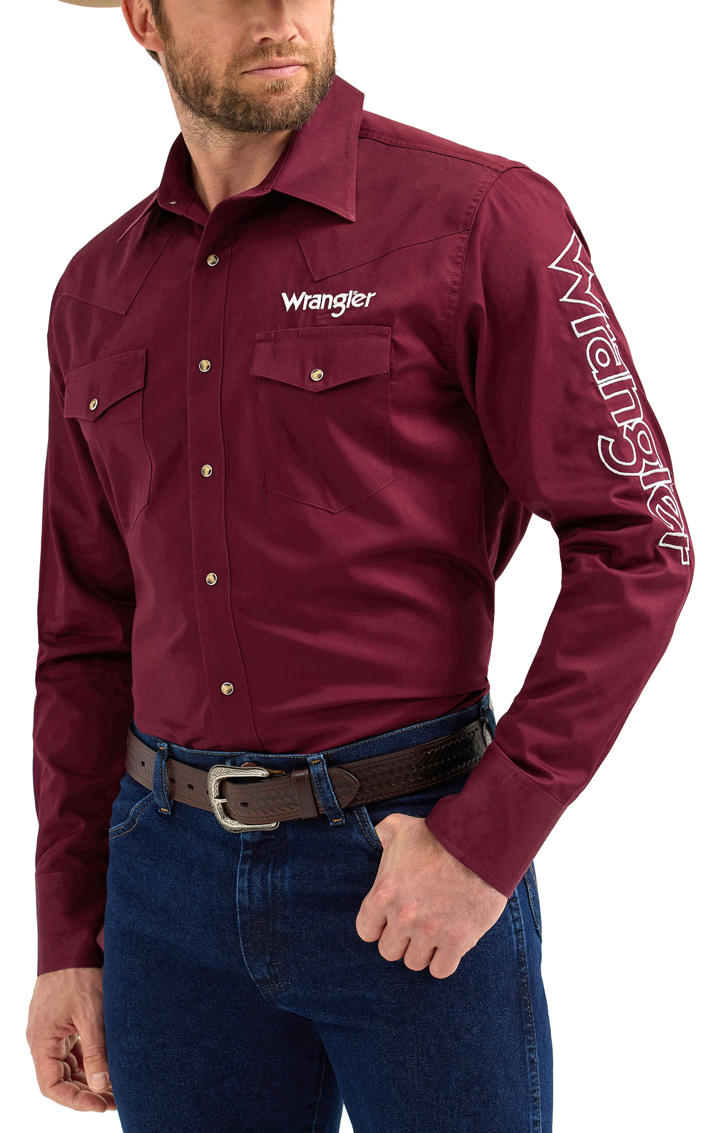 Wrangler Men's Deep Wine & White Embroidery Logo Western Shirt - Image 1