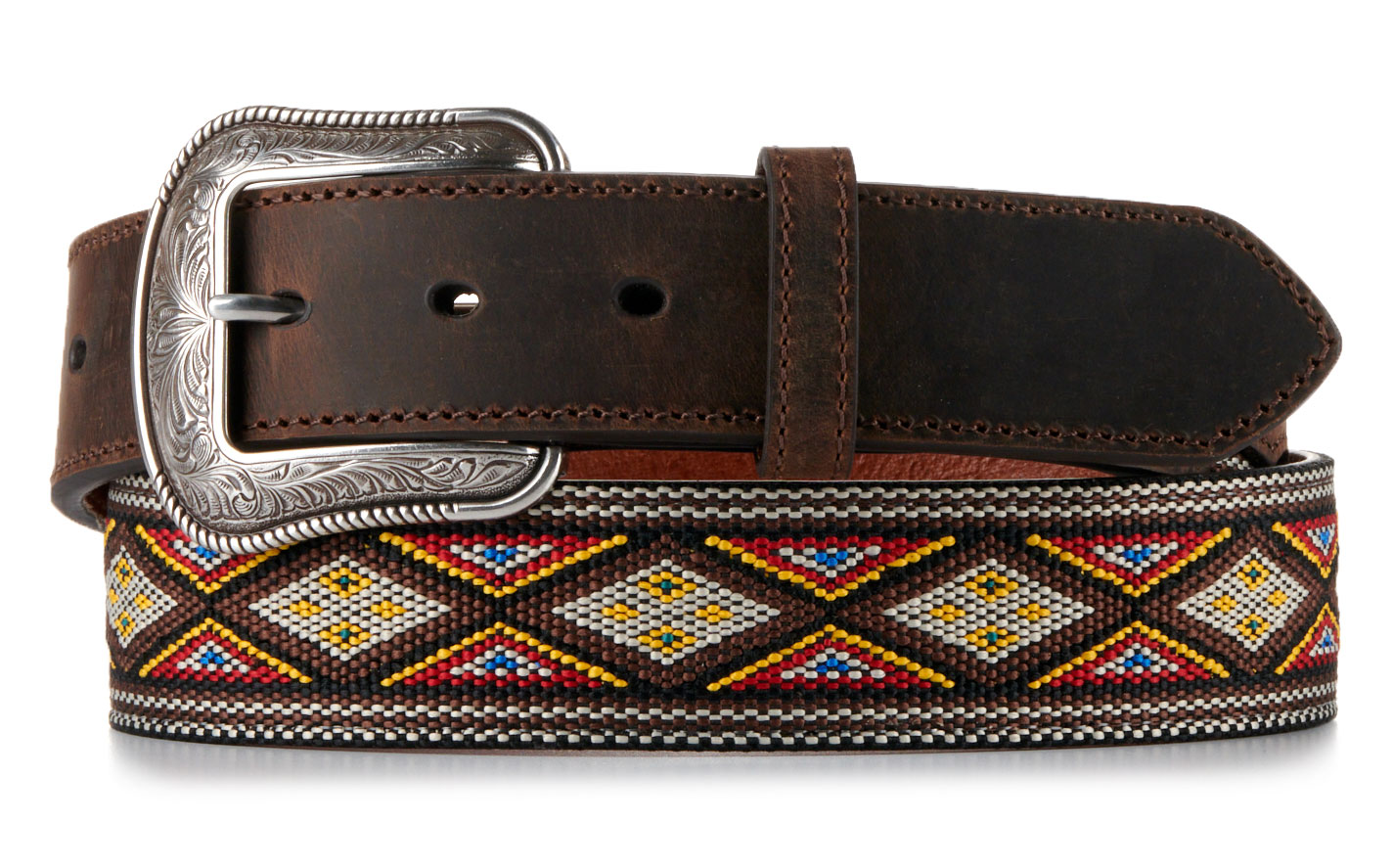 Rafter C Men’s Silver Buckle Aztec Print Beaded Western Belt - Image 1