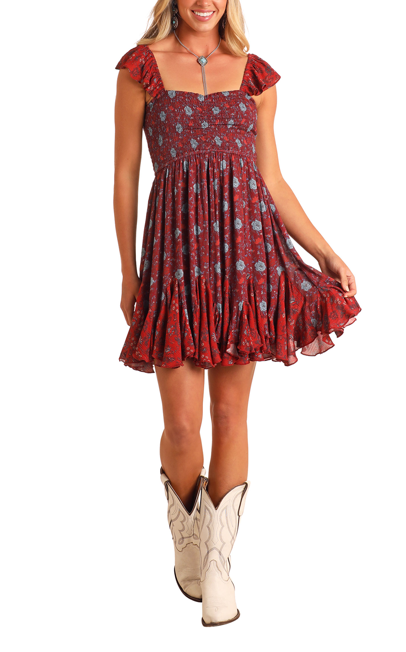 Rock & Roll Denim Women's Red Smocked Floral Dress - Image 1