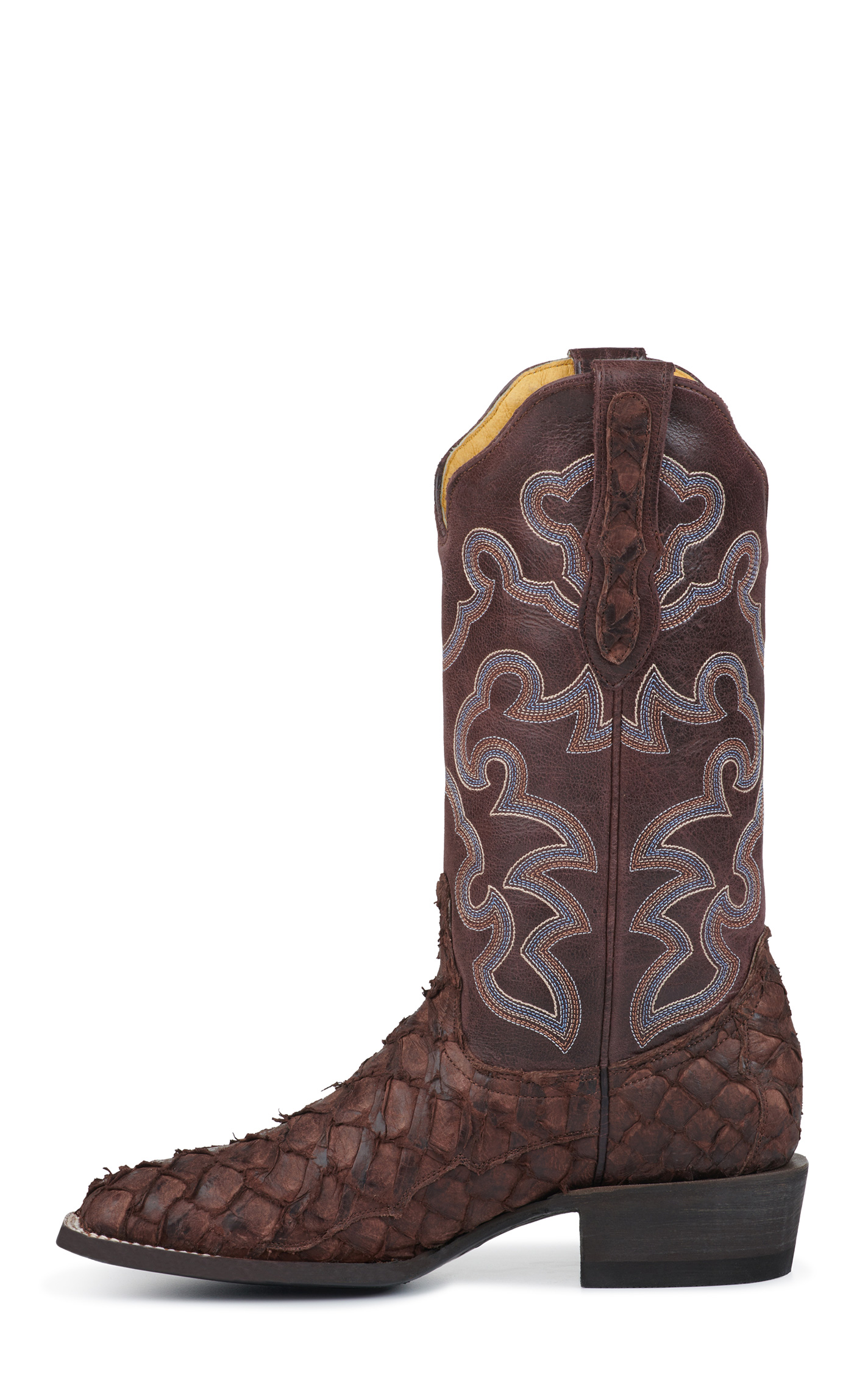 Cavender's Women's Cigar Brown Pirarucu and Chocolate Wide Square Toe Exotic Cowboy Boots - Image 1