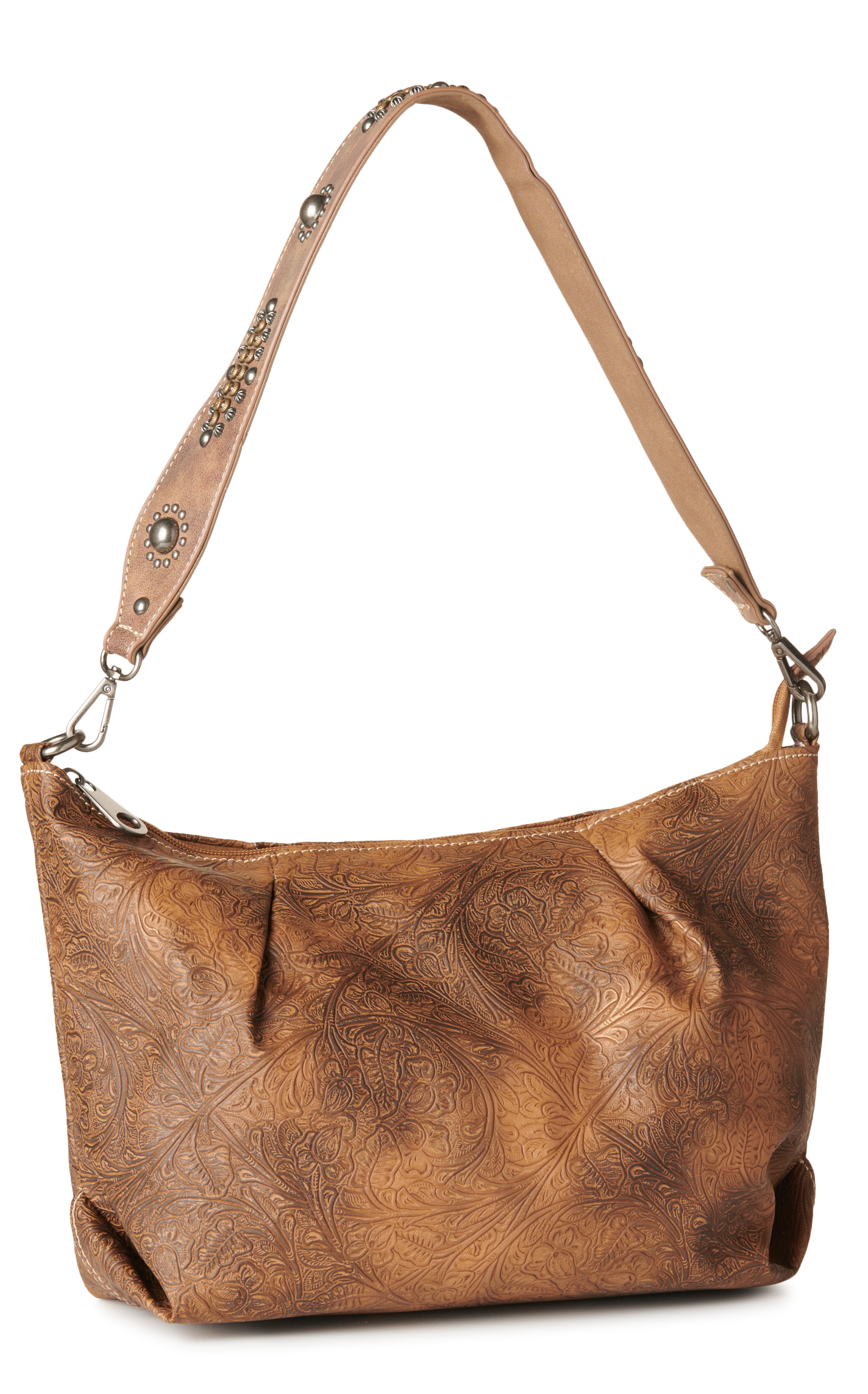 Nocona Ophelia Shades of Coffee Tooled Floral & Studded Attachable Shoulder Strap Bag - Image 1