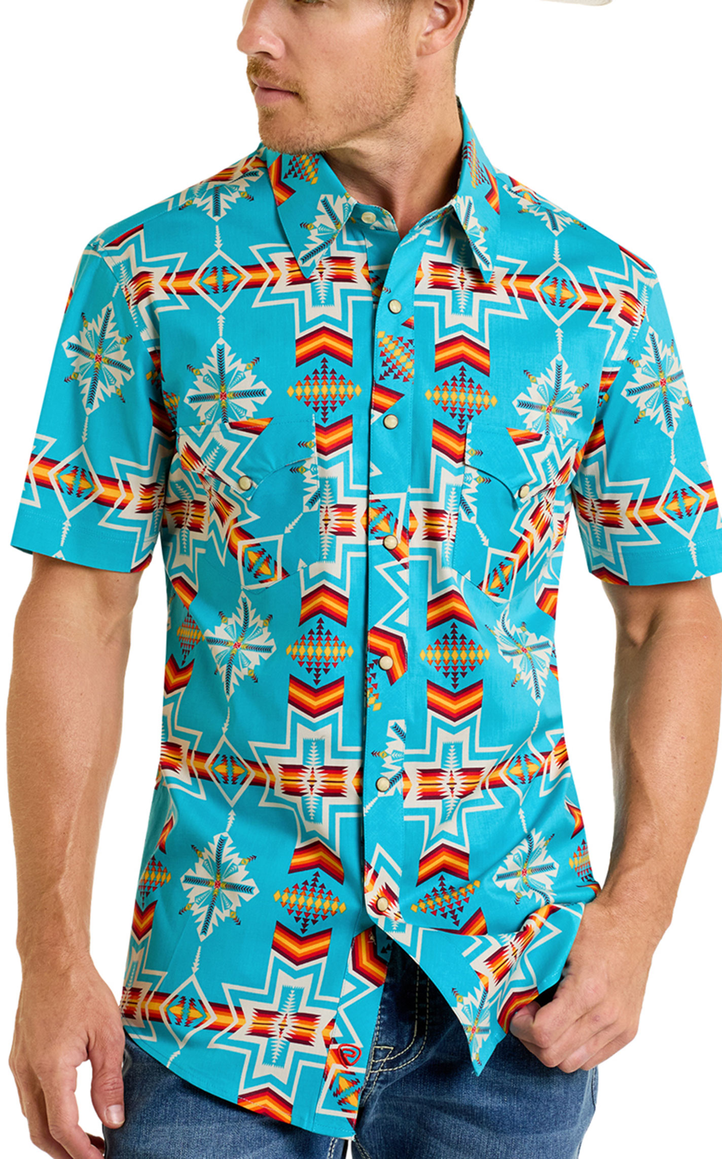 Rock & Roll Denim Men's Turquoise Aztec Print Shirt - Image 1