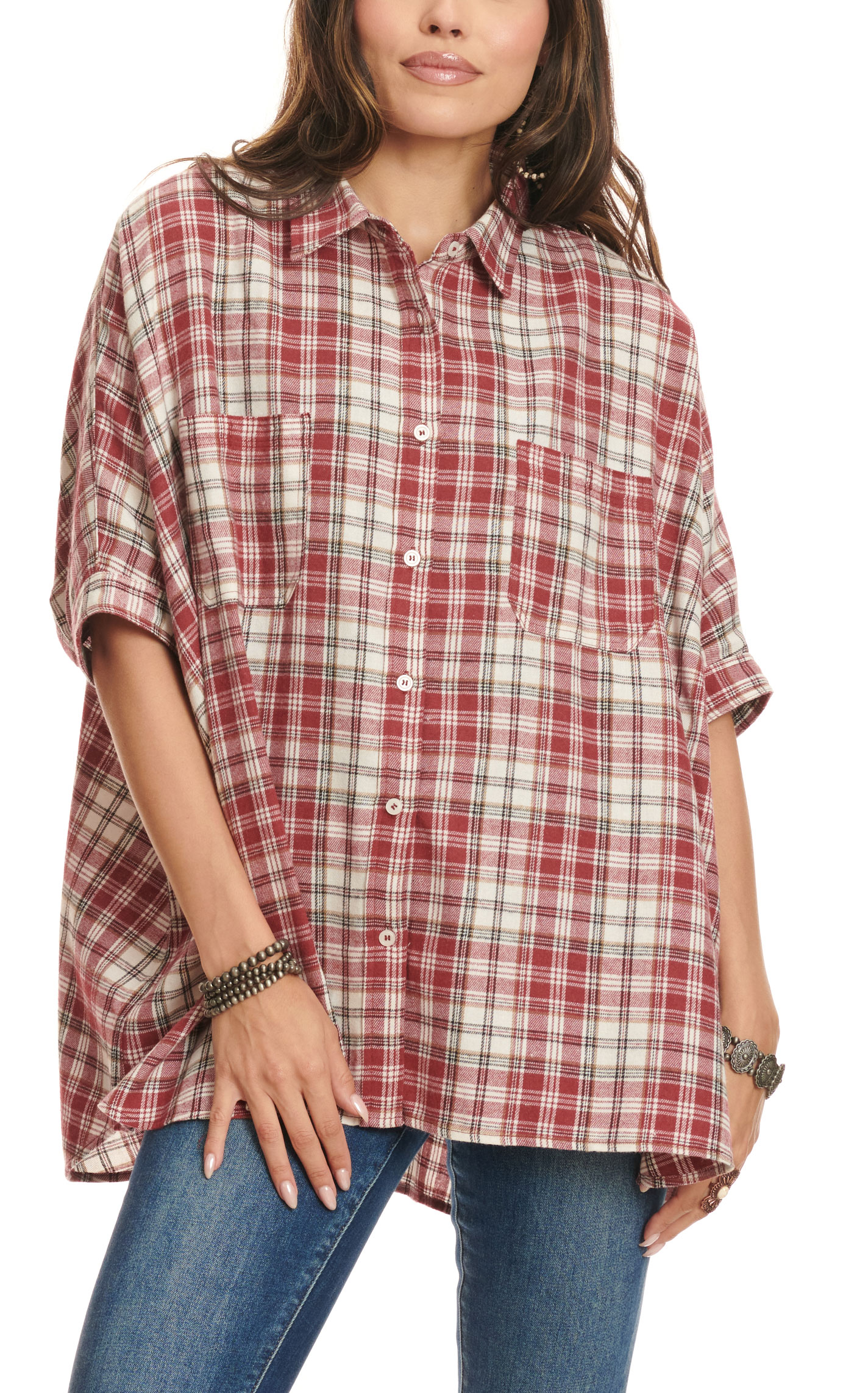 First Love Women's Burgundy & Cream Plaid Short Sleeve Top - Image 1