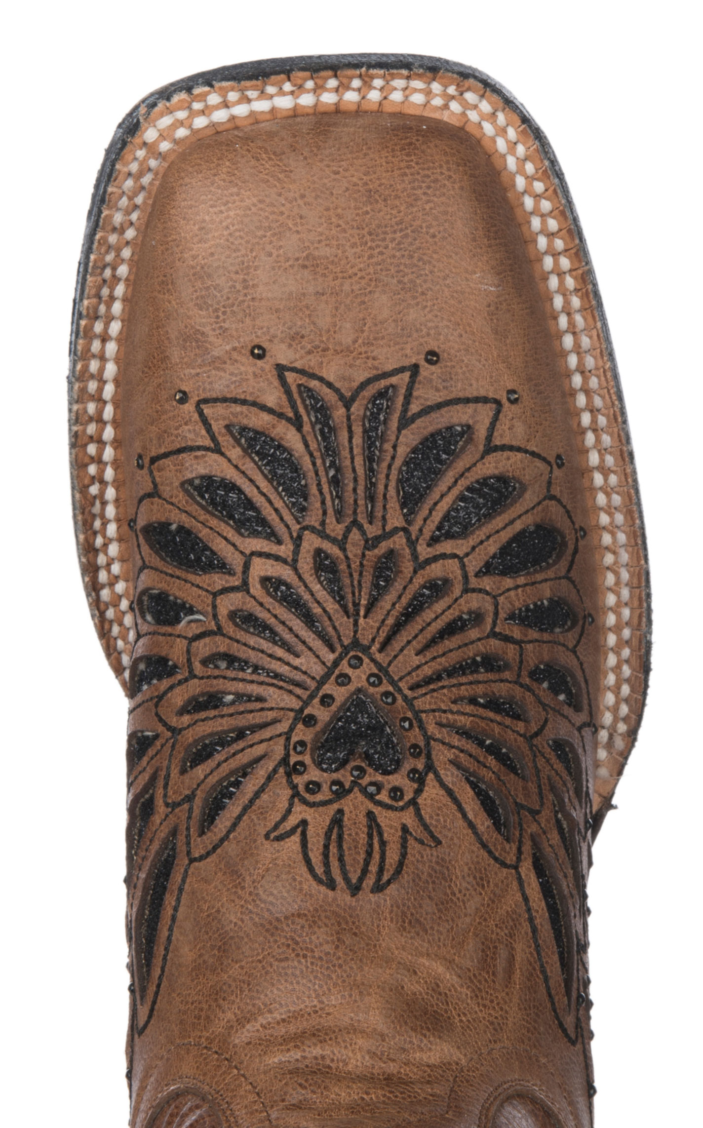 Cavender's Women's Brass with Black Crystals Fabric Inlay Square Toe Cowboy Boots - Image 1