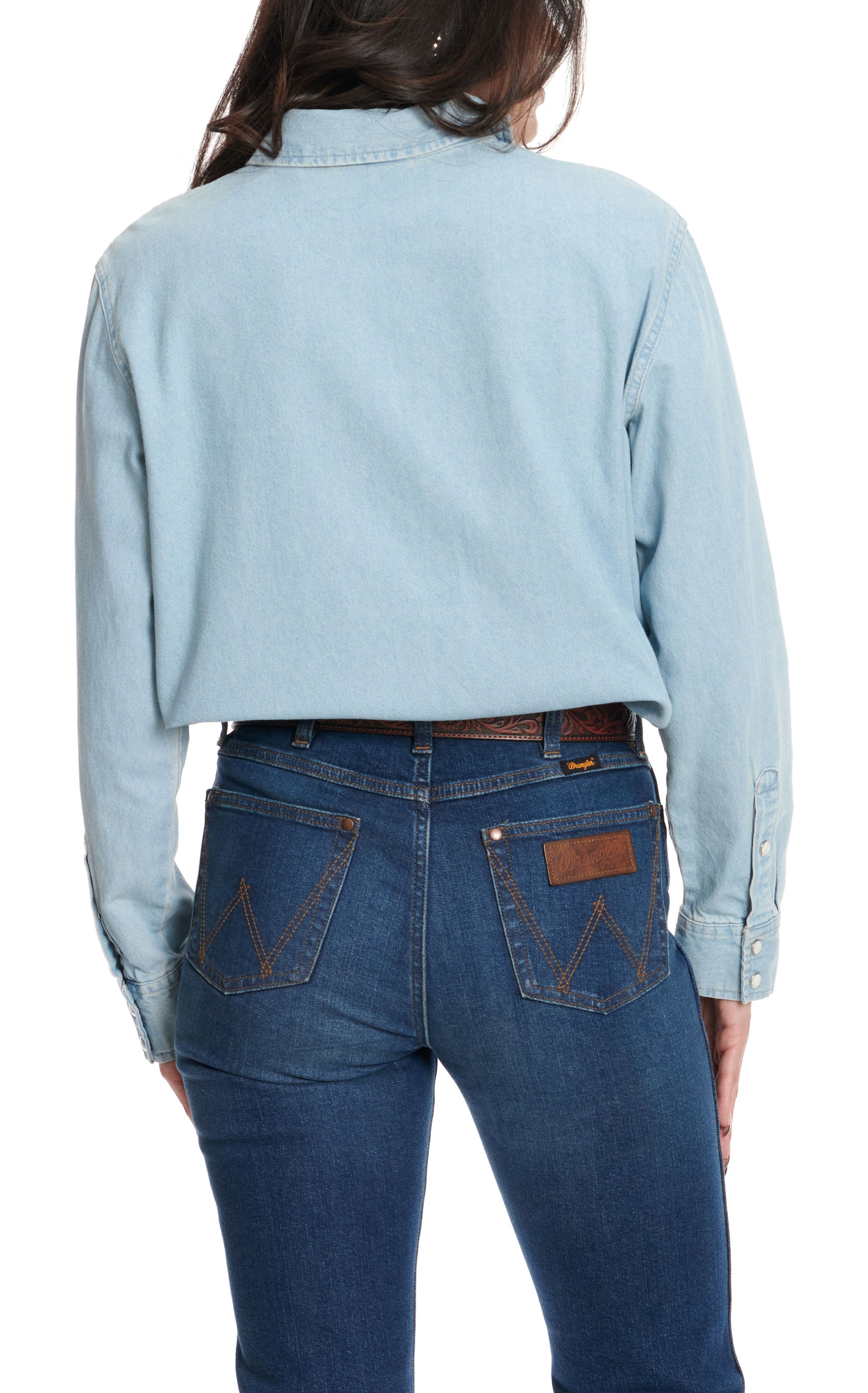 Wrangler Retro Women's Denim Blue Cinnamon & Cream Western Embroidery Long Sleeve Western Shirt  - Image 1