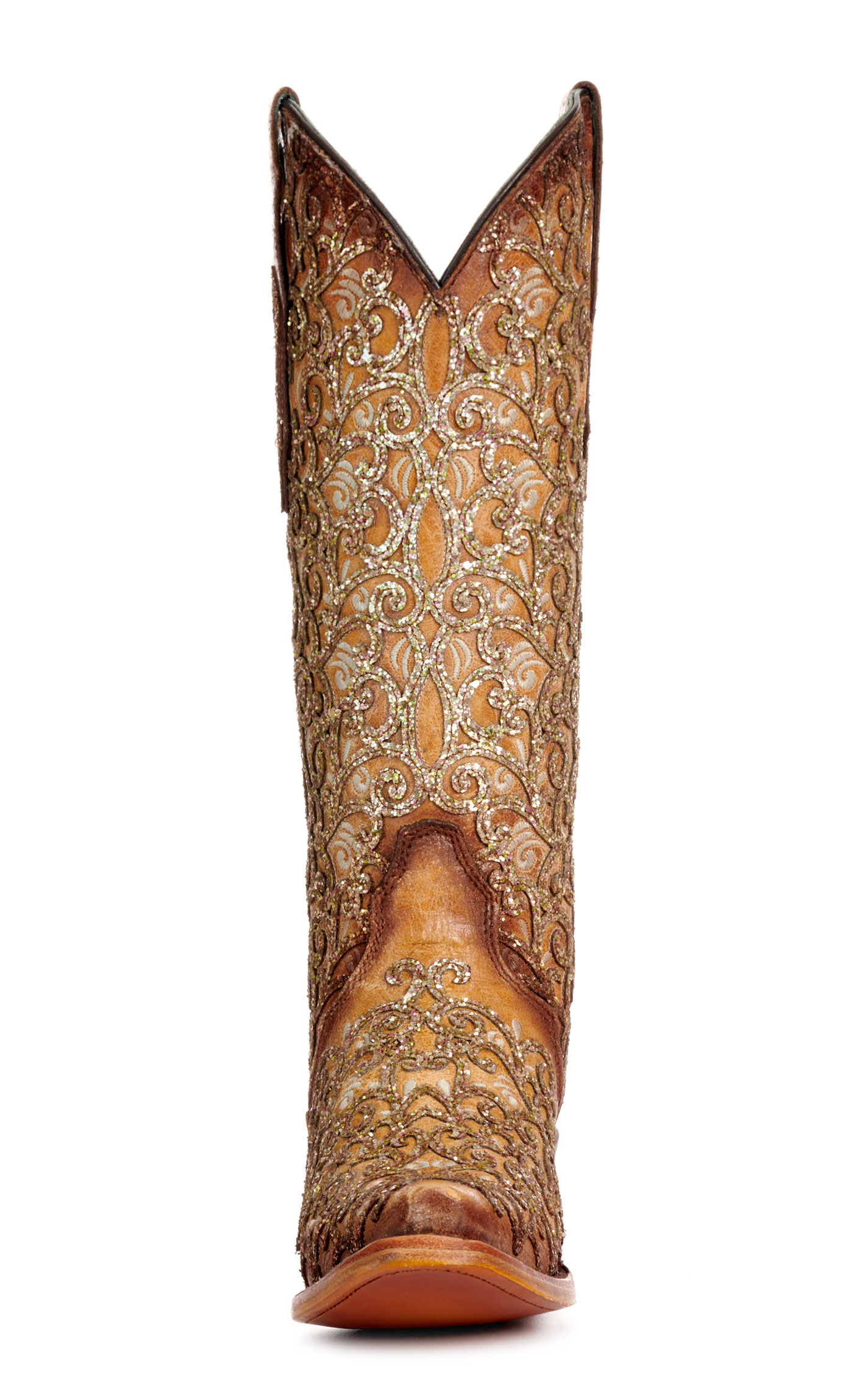 Corral Women's Saddle Tan with Glitter Overlay Snip Toe Cowboy Boots - Image 1