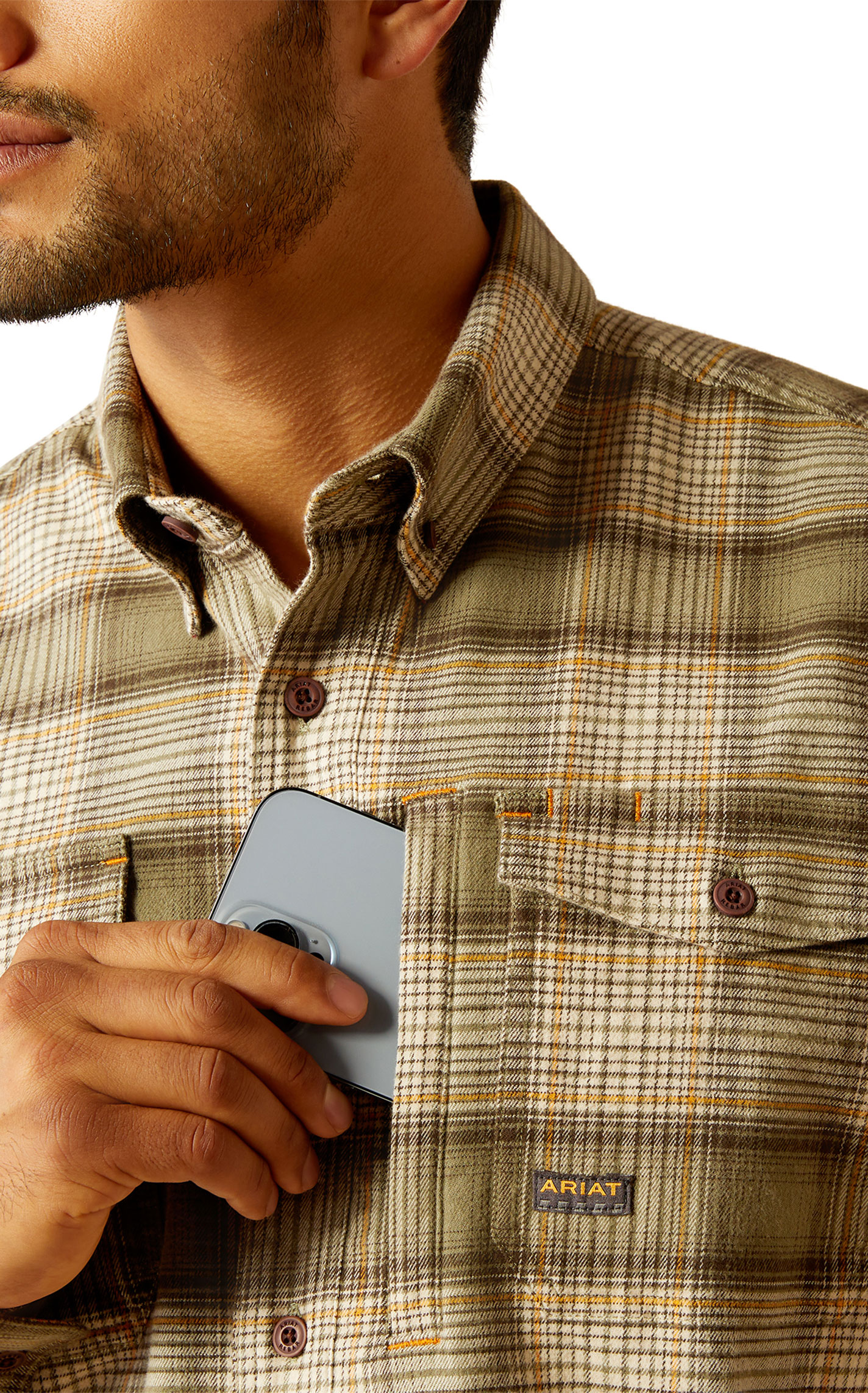 Ariat Men's Rebar Olive & Marigold Plaid DuraStretch Flannel Work Shirt - Image 1