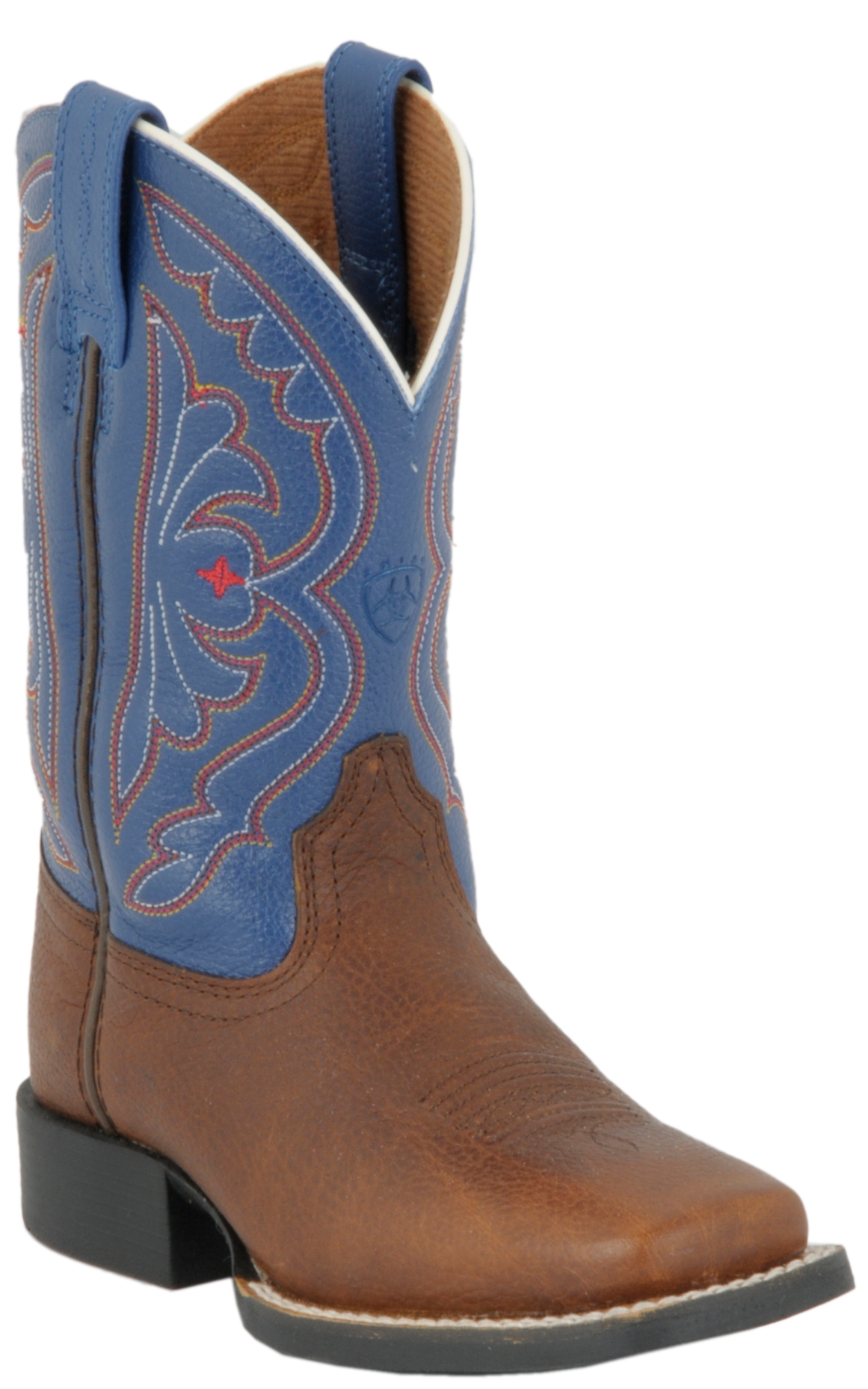 Ariat Youth Quickdraw Brown Oiled Rowdy and Royal Blue Wide Square Toe Western Boot - Image 1