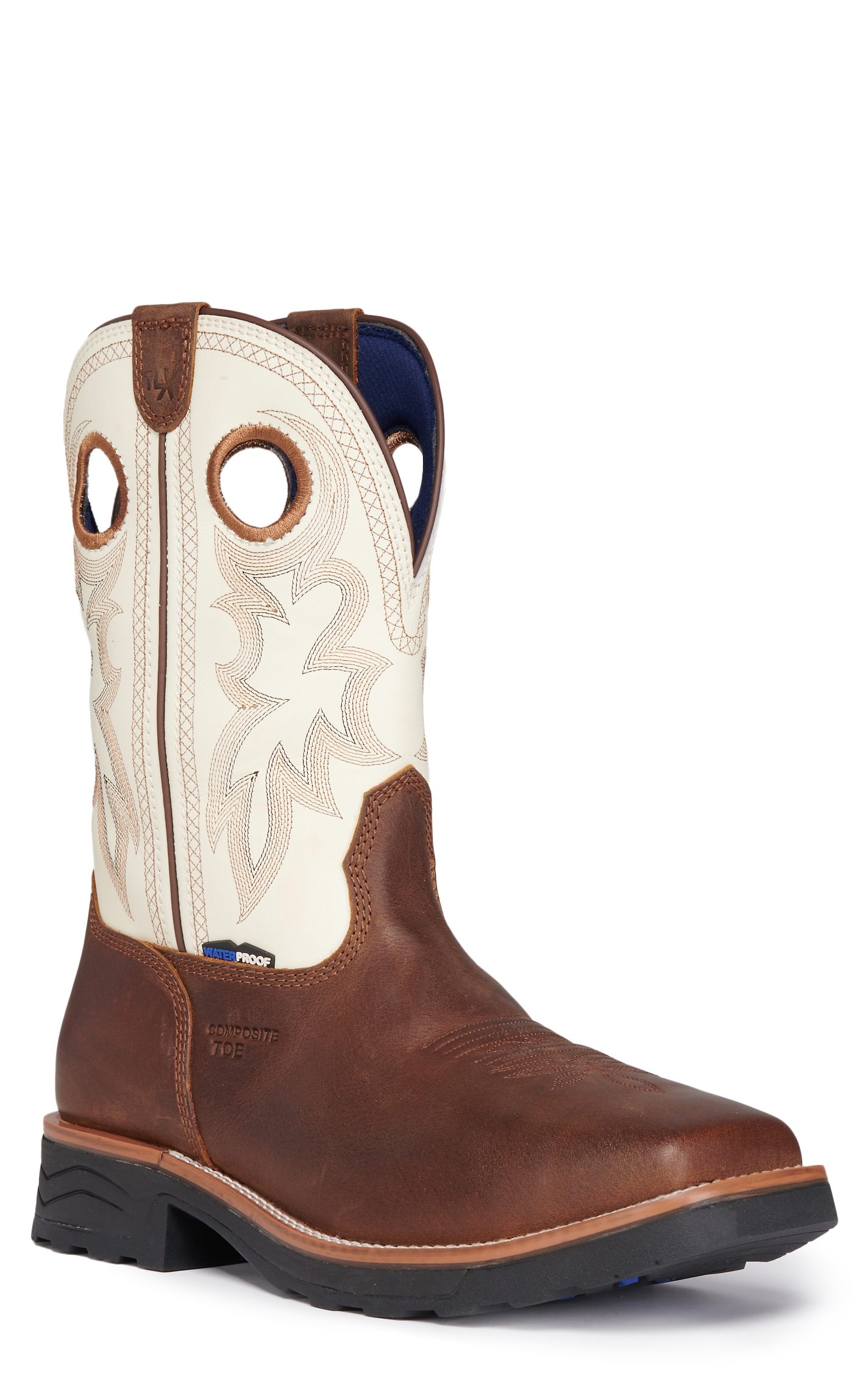Tony Lama Men's Fireball Brown and White Waterproof Wide Square Composite Toe Work Boots - Image 1