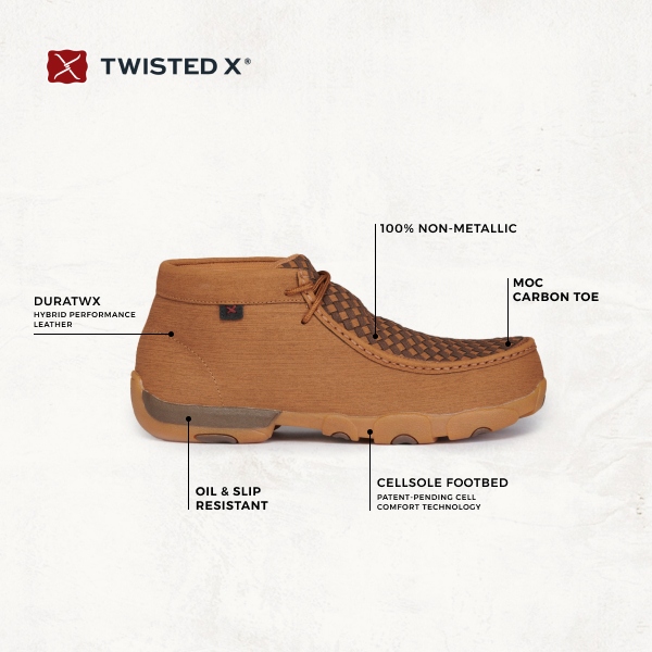 Twisted X Men's Clay and Cocoa Brown Basket Weave Lace Up Composite Round Toe Driving Moc Work Shoe - Image 1