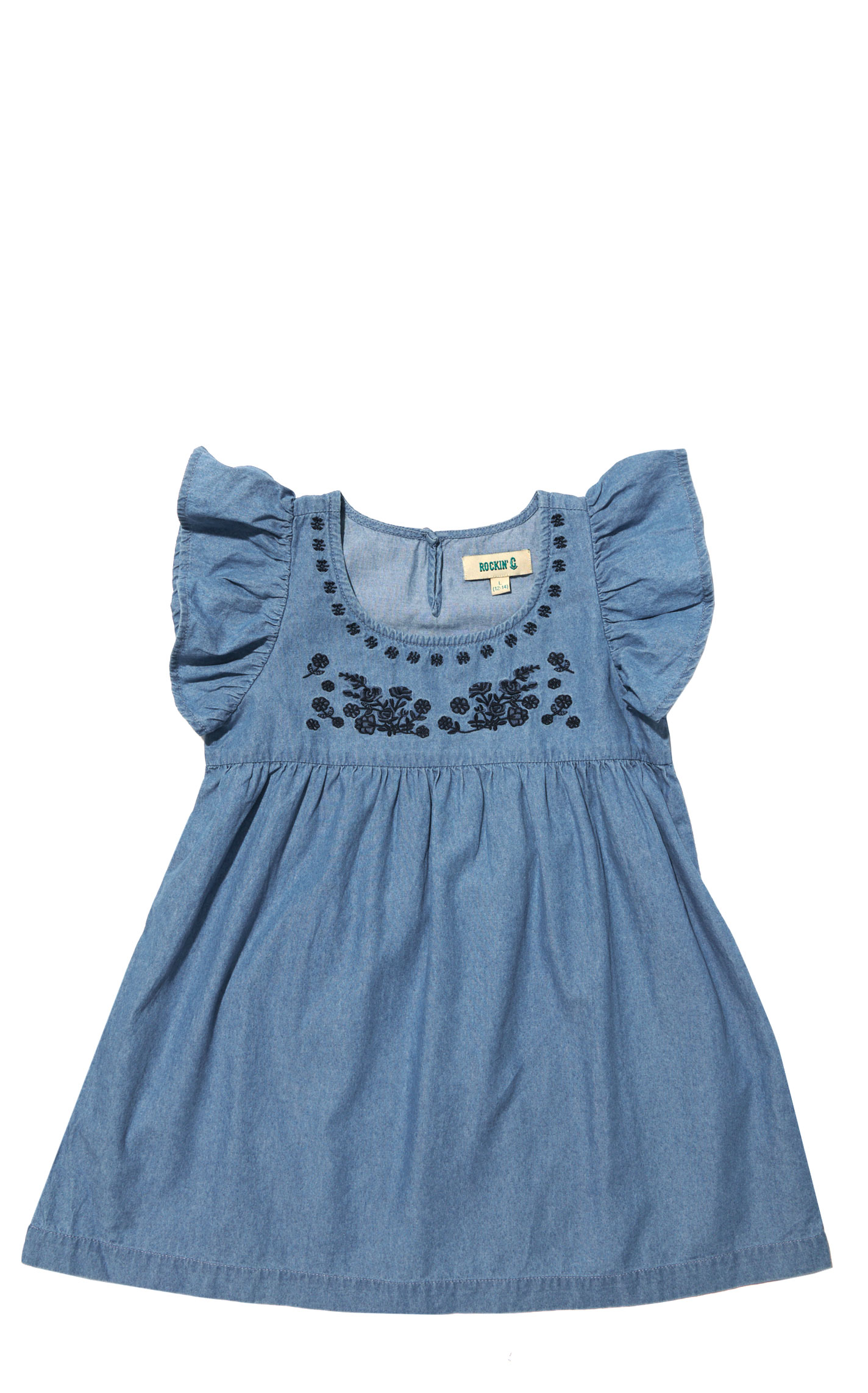 Rockin C Girl's Black Floral Embroidered Chambray Dress - Image 1