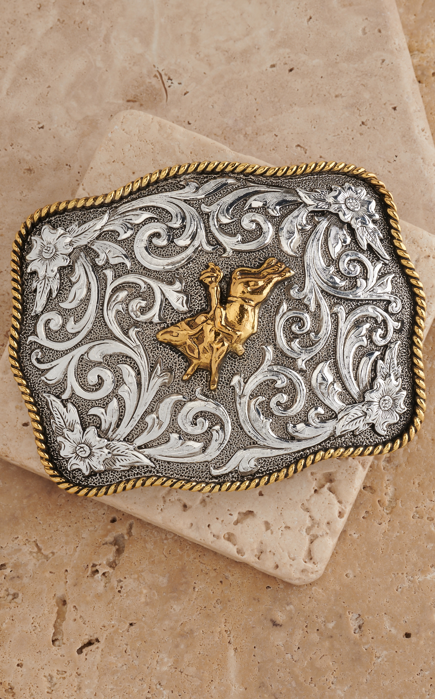 AndWest Antiqued Silver Scrolling with Gold Bull Rider Belt Buckle - Image 1