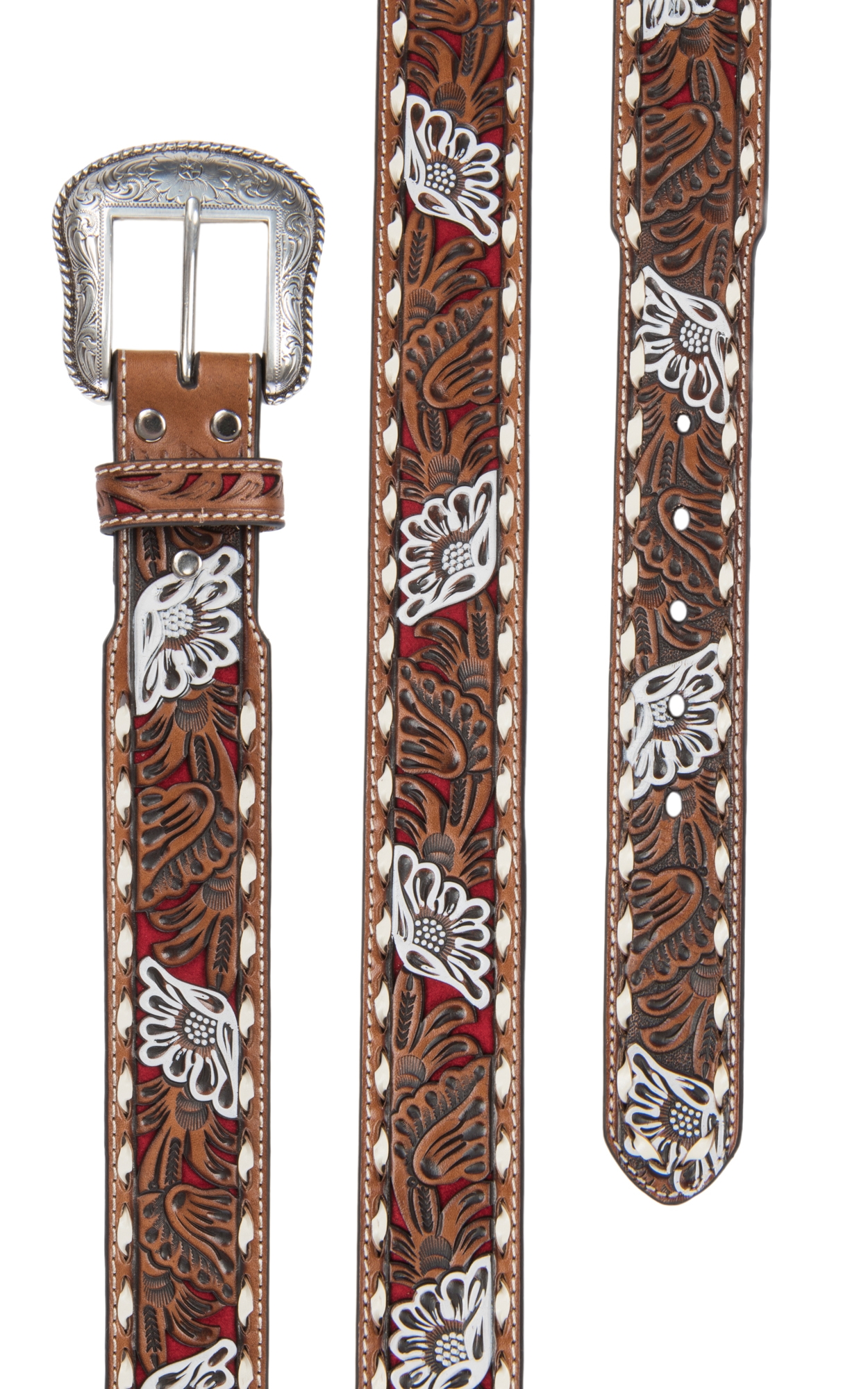 Nocona Men's Brown Genuine Leather Floral with Red Painted Inlay Western Belt - Image 1