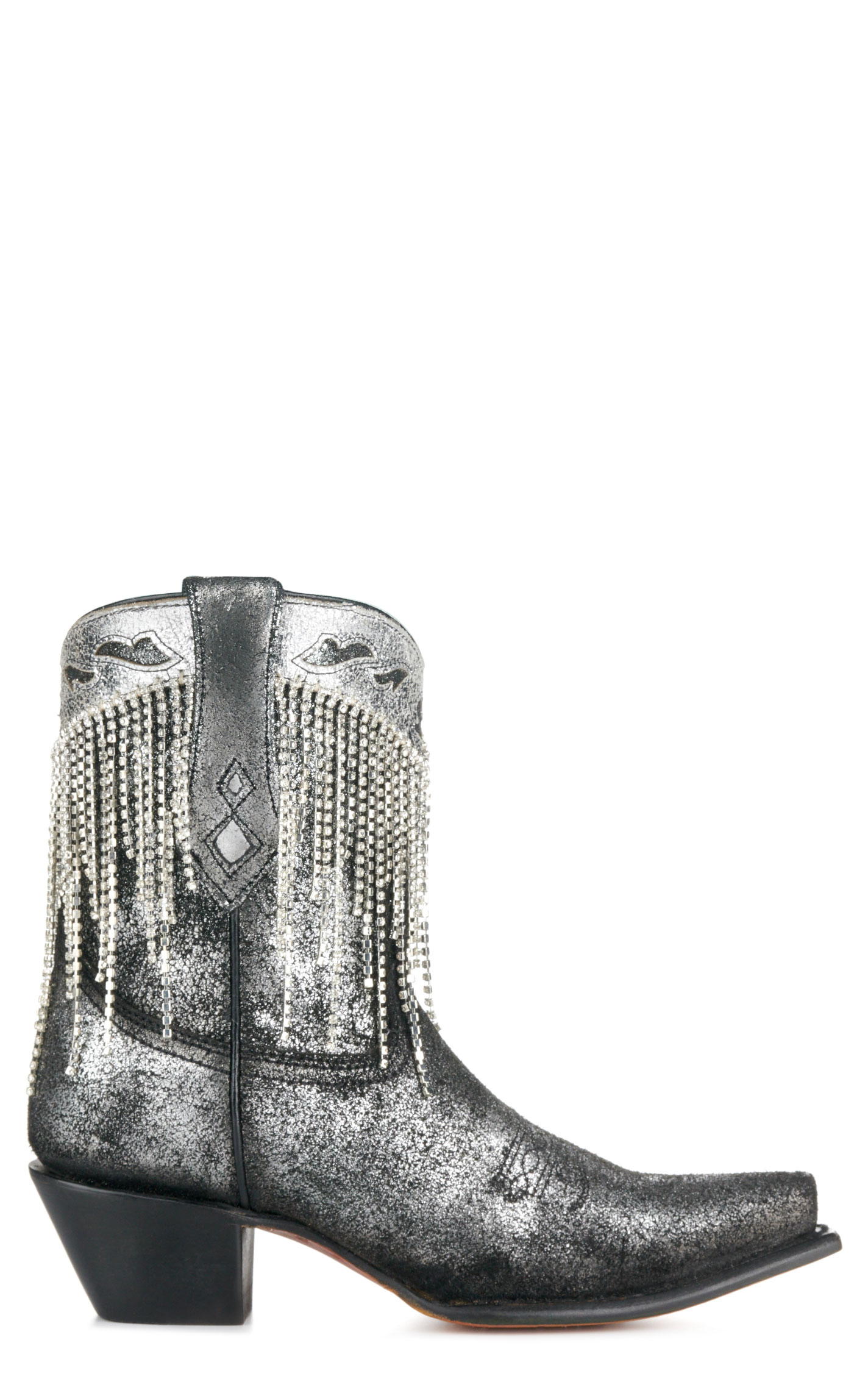 Corral Women's Distressed Metallic Black with Crystal Fringe Snip Toe Cowboy Booties - Image 1