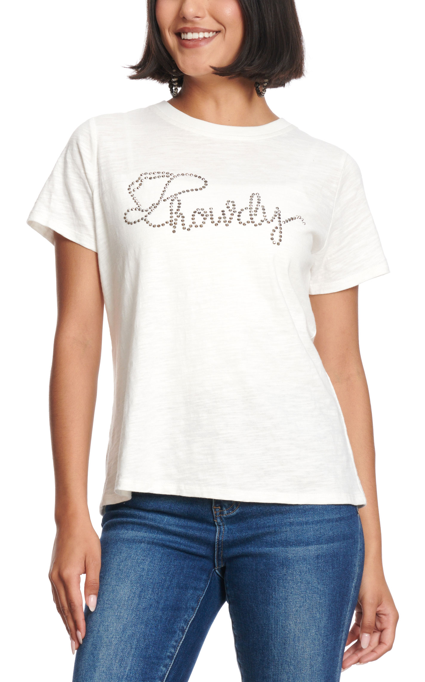 Rockin C Women's White Silver Studded Howdy T-Shirt - Image 1