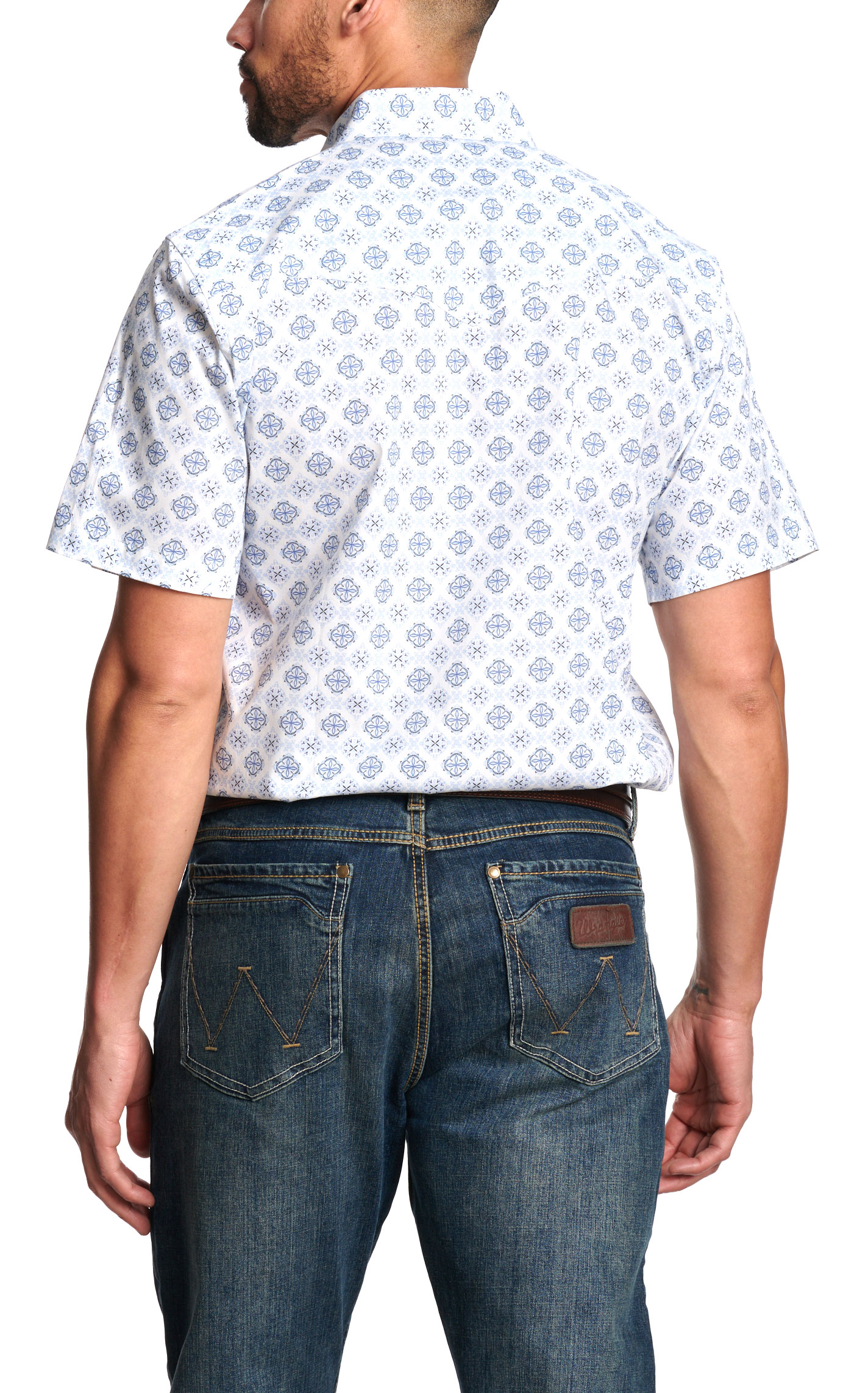 Rafter C Men's White & Blue Geo Print Short Sleeve Western Shirt - Image 1