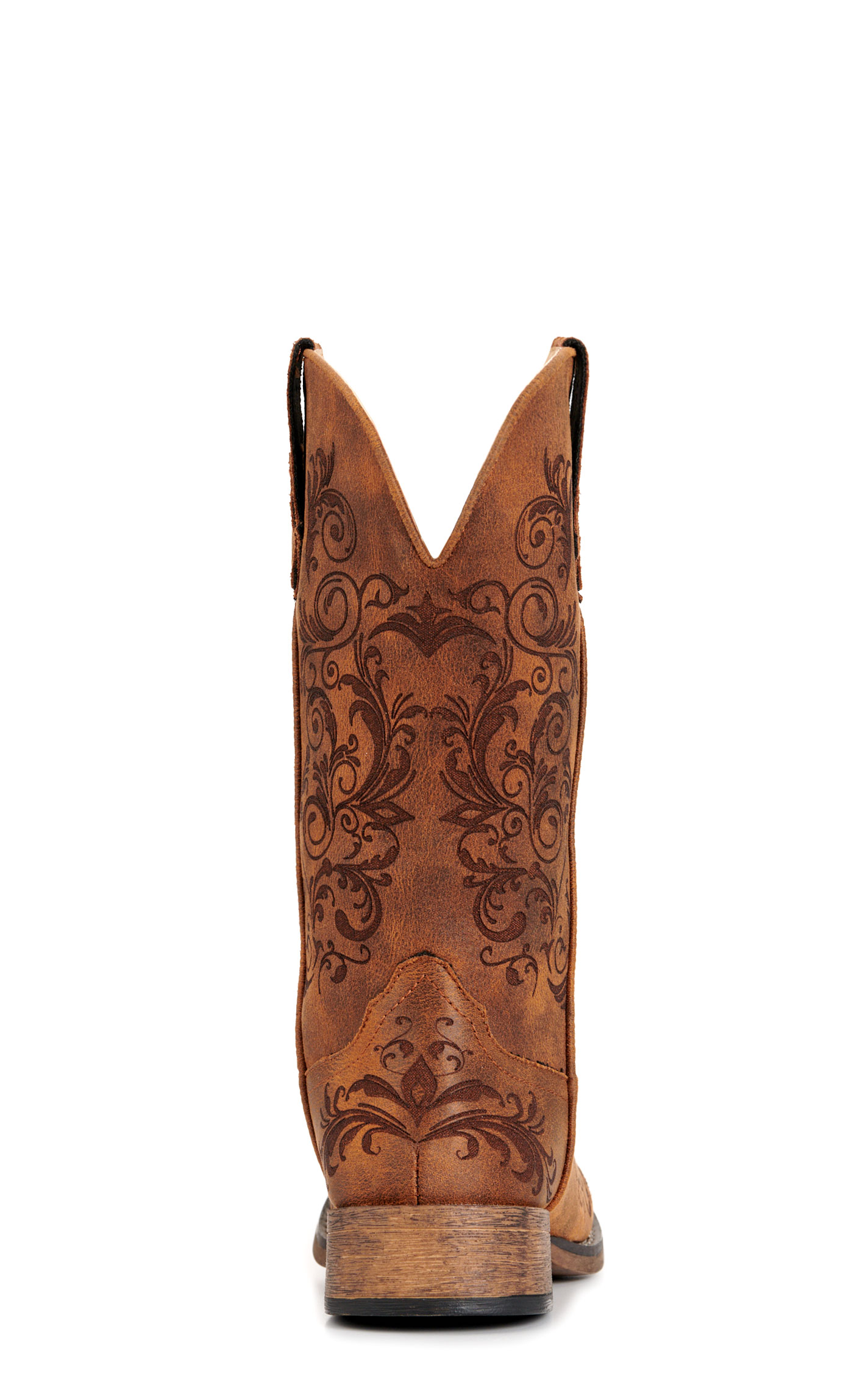 Roper Women’s Bailey Brown Laser-Etched Faux Leather Wide Square Toe Cowboy Boots - Image 1