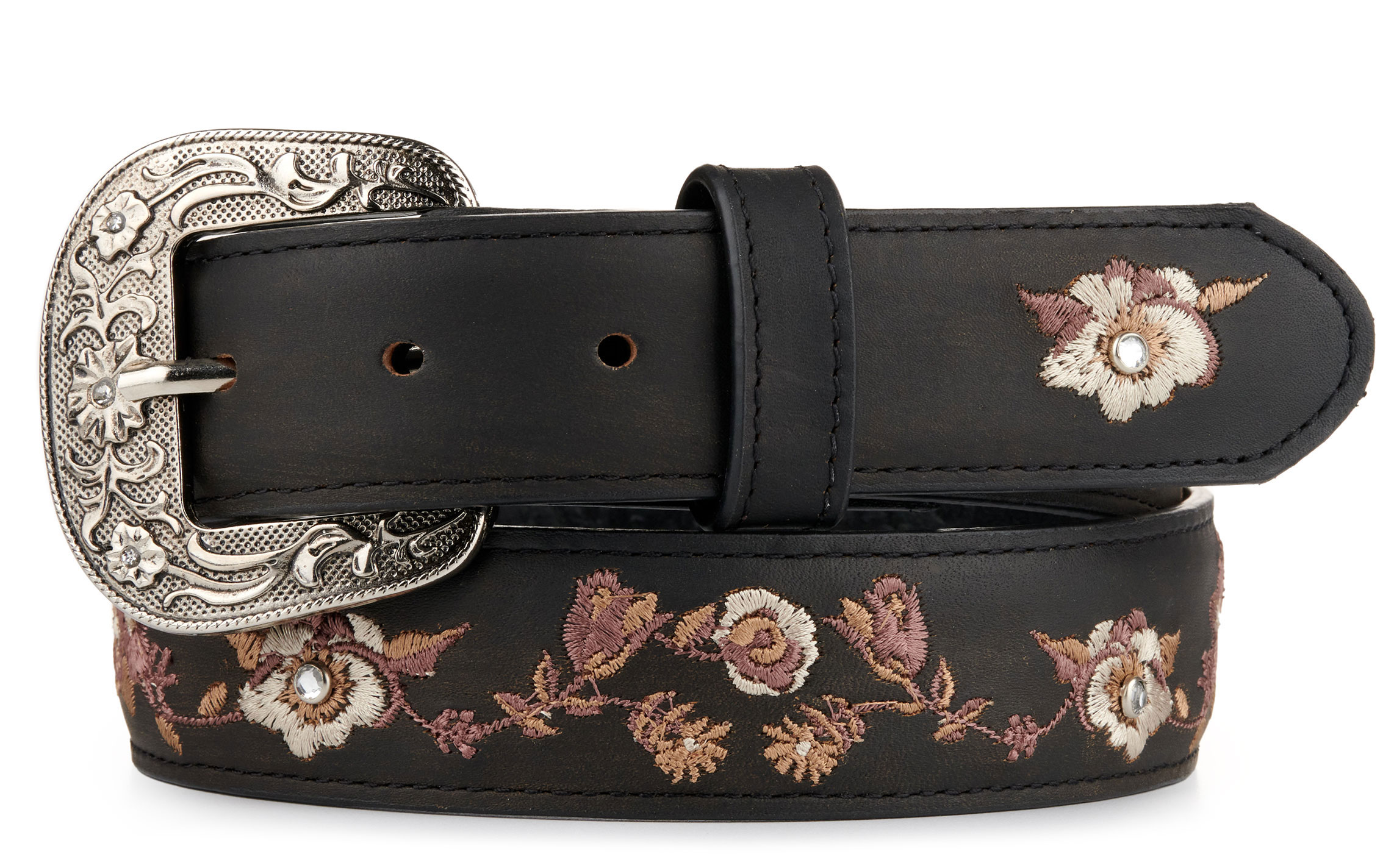 Cavender's Women's Black with Floral Embroidery Leather Belt - Image 1